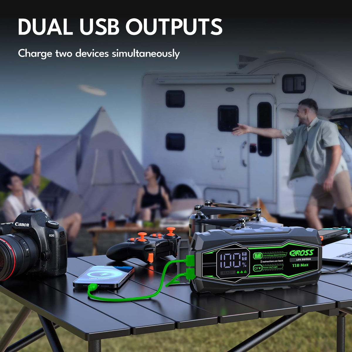 CAROSS T18 Max Portable Car Jump Starter and USB Power Bank with 2000-Amp Peak, Heavy-Duty Clamps, Boost, LED Light, and QC Fast Charger
