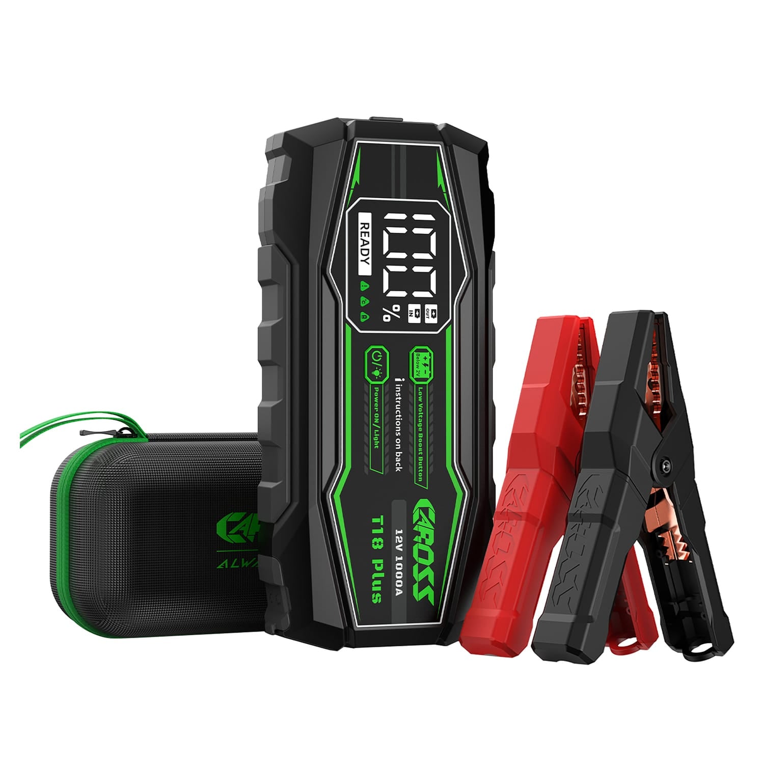 CAROSS T18 Plus Portable Car Jump Starter and USB Power Bank with 1000-Amp Peak, Advanced Protection Jumper Clamps, LED Light, and QC Fast Charger