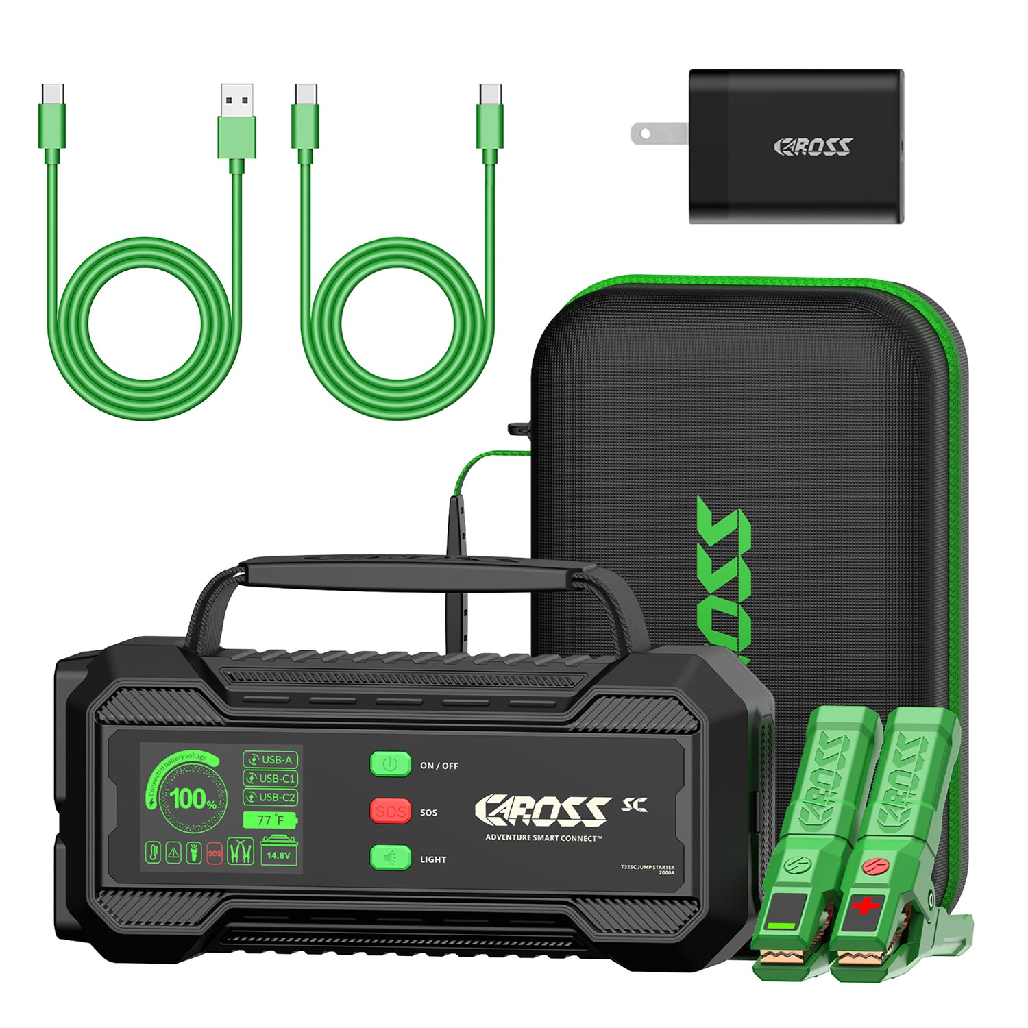 CAROSS T32SC Portable Car Jump Starter and USB Power Bank with 2000-Amp Peak, Smart Jumper Clamps, LED Light, IP65, and PD Fast Charger
