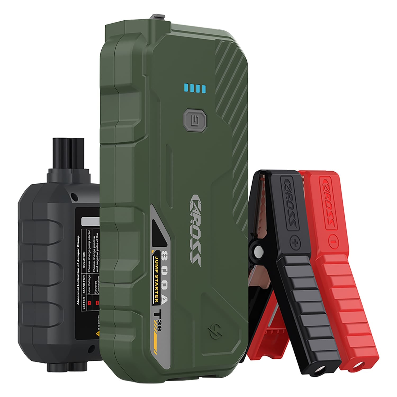 CAROSS T36 Portable Car Jump Starter and USB Power Bank with 800-Amp Peak, Advanced Protection Jumper Clamps, LED Light, and QC Fast Charger, Green