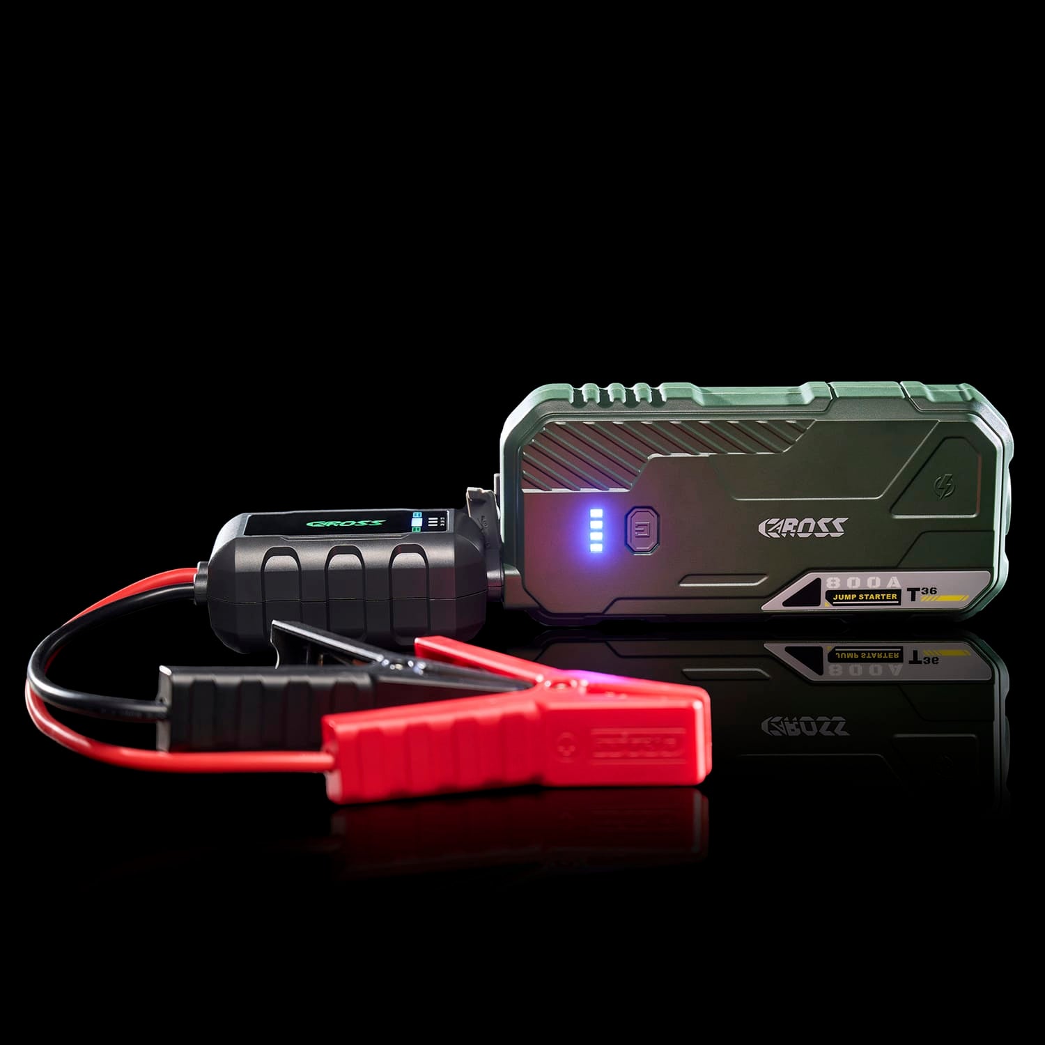CAROSS T36 Portable Car Jump Starter and USB Power Bank with 800-Amp Peak, Advanced Protection Jumper Clamps, LED Light, and QC Fast Charger, Green