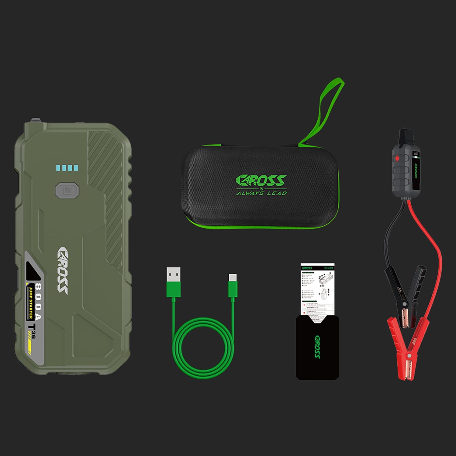 CAROSS T36 Portable Car Jump Starter and USB Power Bank with 800-Amp Peak, Advanced Protection Jumper Clamps, LED Light, and QC Fast Charger, Green