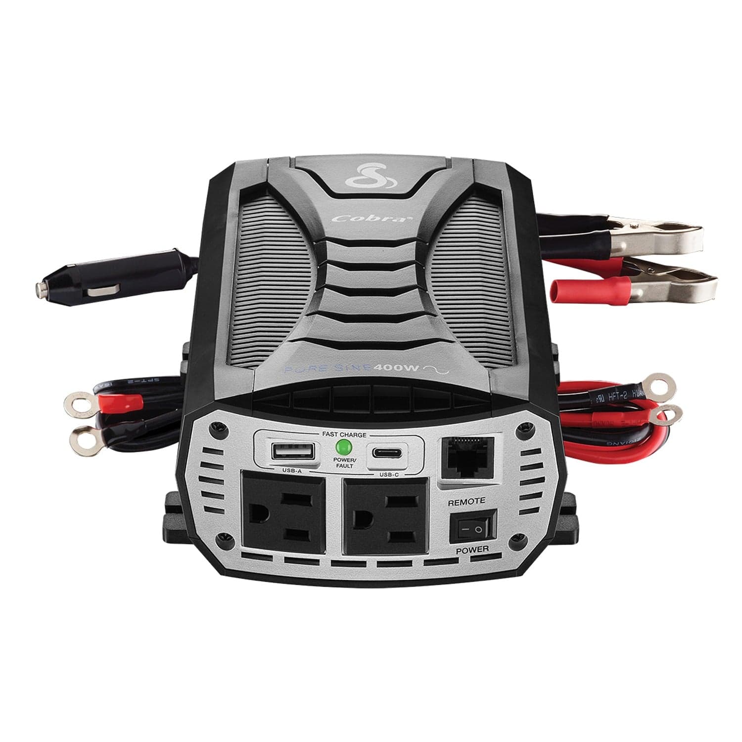 Cobra 2-AC Outlet and 2-USB Port 400-Continuous-Watt Pure Sine Wave Vehicle Power Inverter with 12-Volt Adapter and Battery Power Cables, CPI400PSW