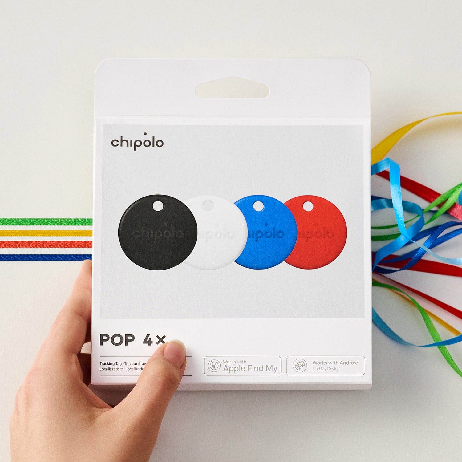 Chipolo POP Device Tracking Tag, 4 Pack, Black/White/Red/Blue