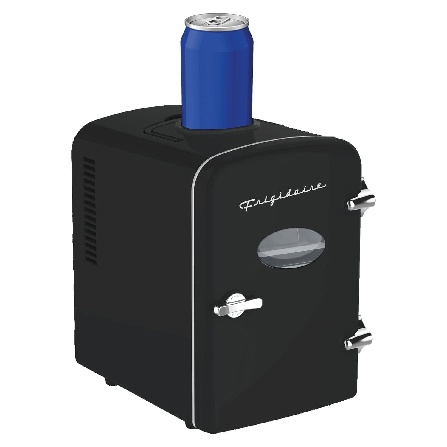 Frigidaire 6+1-Can 48-Watt Retro Mini Portable Fridge with Top-Mounted Active-Cooling Can Holder, Black