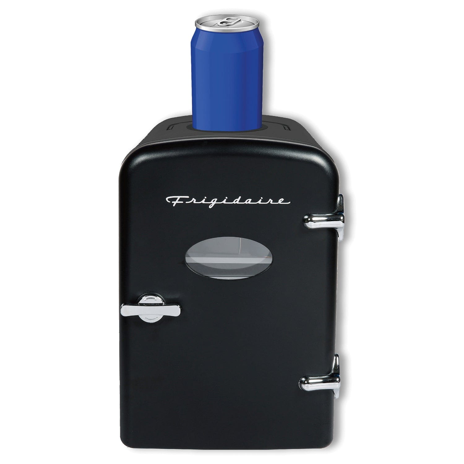 Frigidaire 6+1-Can 48-Watt Retro Mini Portable Fridge with Top-Mounted Active-Cooling Can Holder, Black