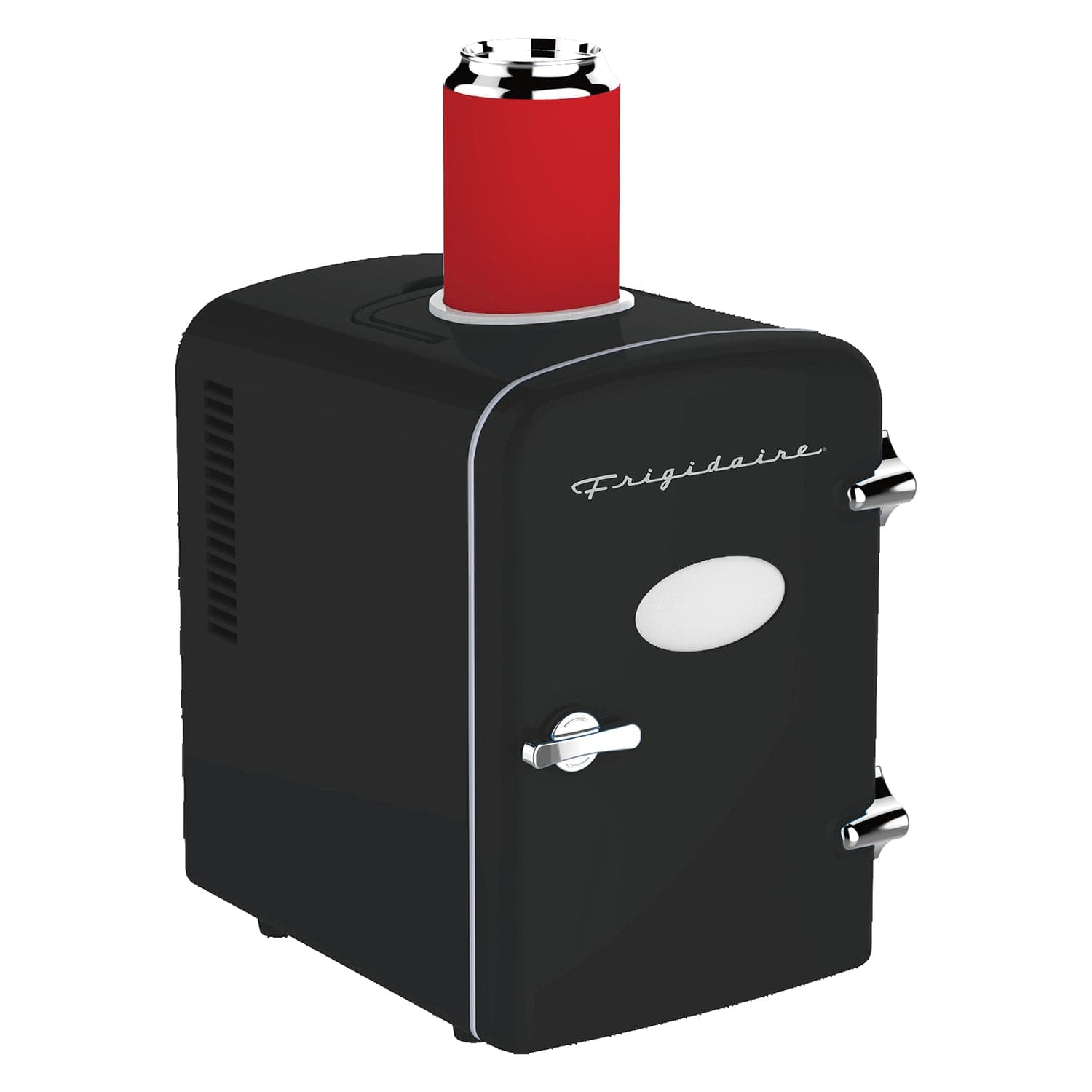 Frigidaire 6+1-Can 48-Watt Retro Mini Portable Fridge with Top-Mounted Active-Cooling Can Holder, Black