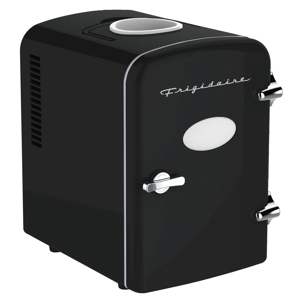 Frigidaire 6+1-Can 48-Watt Retro Mini Portable Fridge with Top-Mounted Active-Cooling Can Holder, Black