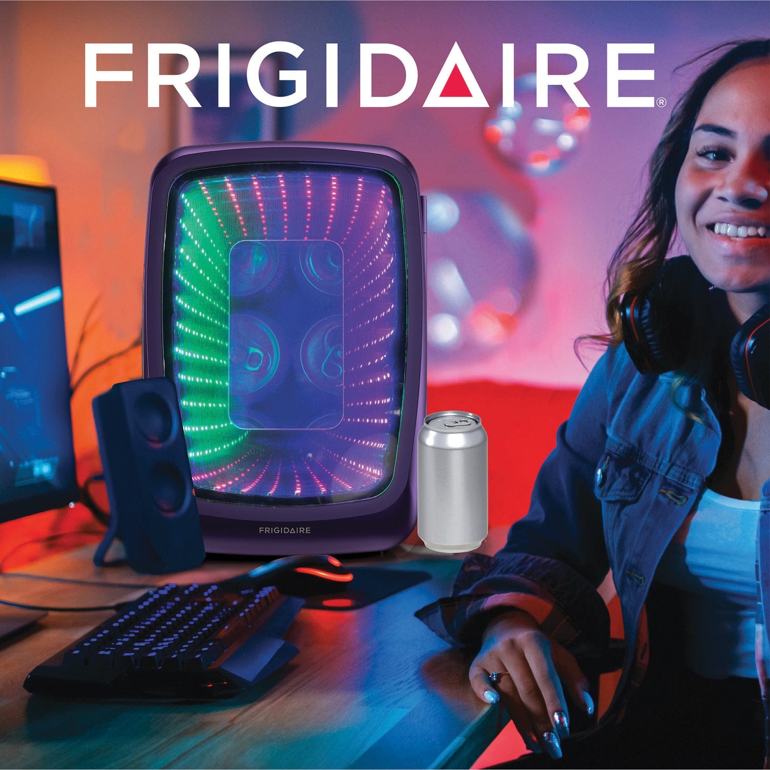 Frigidaire 6-Can Retro Gaming Light-up Portable Beverage Mini Fridge, EFMIS179, Purplehaze