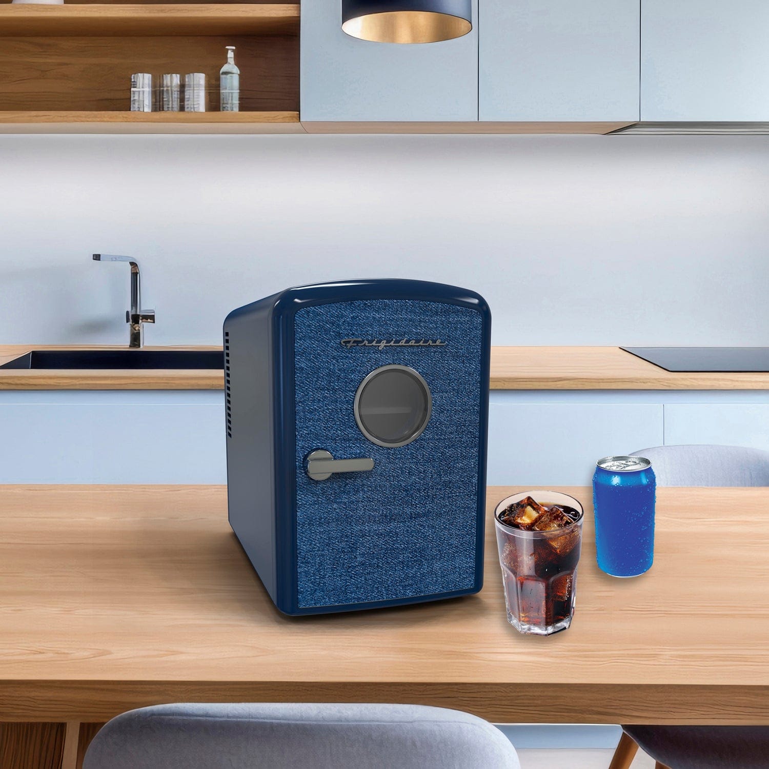 Frigidaire 9-Can Mini Fridge Cooler, Denim Door, Indigo Denim