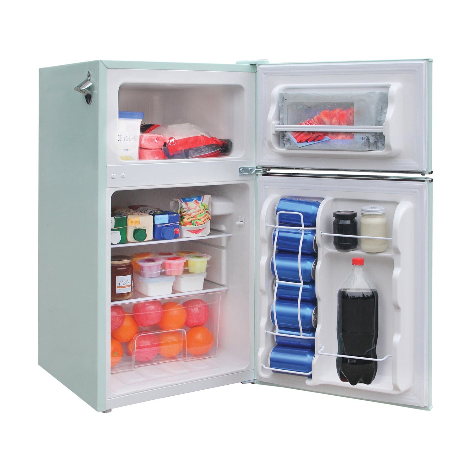 Frigidaire 3.2-Cu Ft. 2-Door Retro Compact Bar Fridge with Freezer and Side Bottle Opener, EFR840, Mint