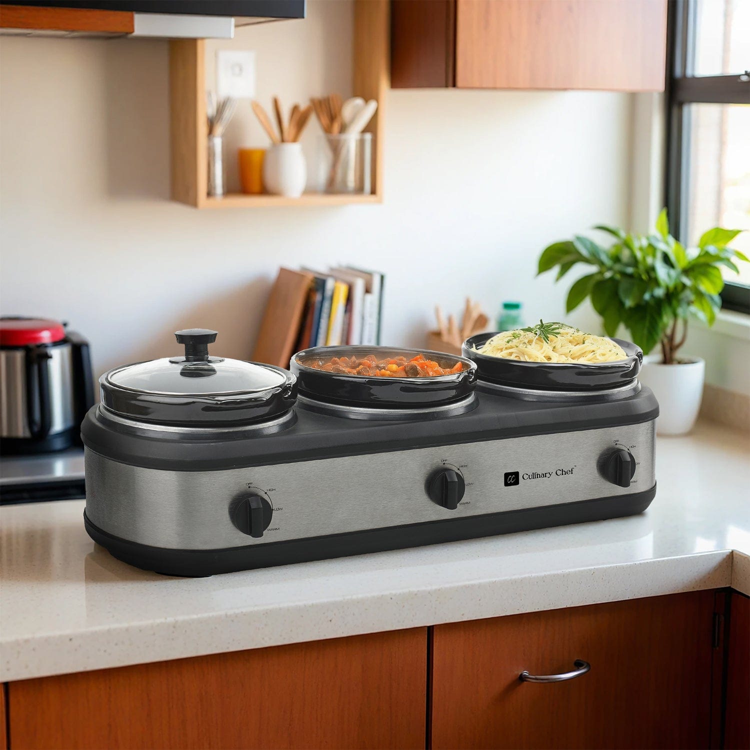 Culinary Chef 420-Watt Triple Slow Cooker and Buffet Server with Three 2.5-Quart Ceramic Pots