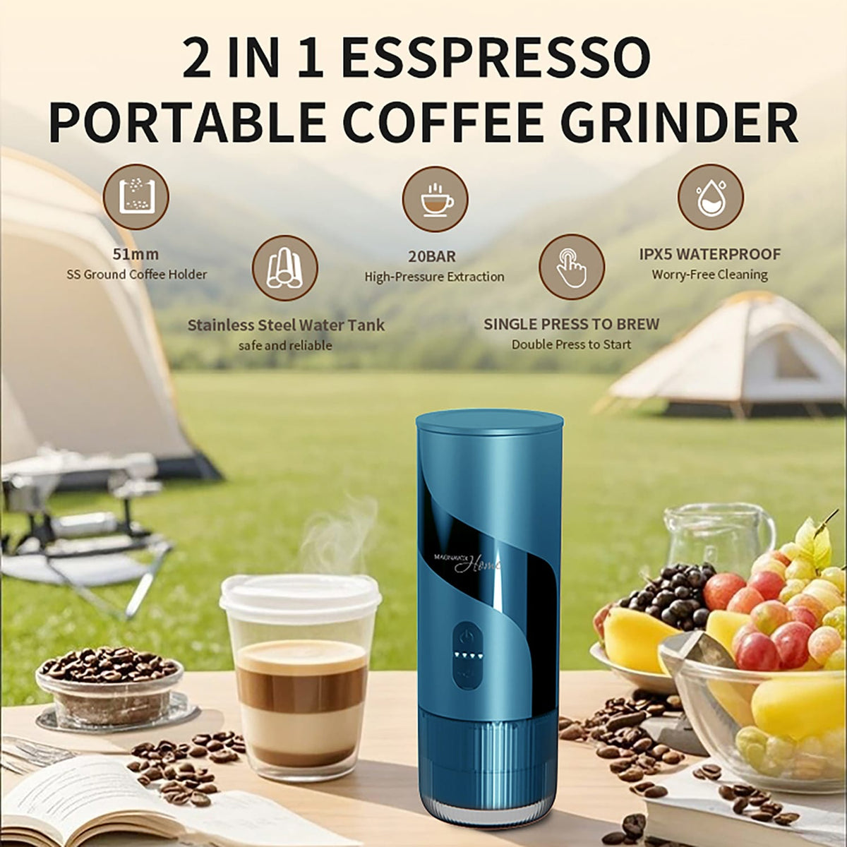 Magnavox Home 2-in-1 Portable Espresso and Ground Coffee Maker, USB Rechargeable, Azure