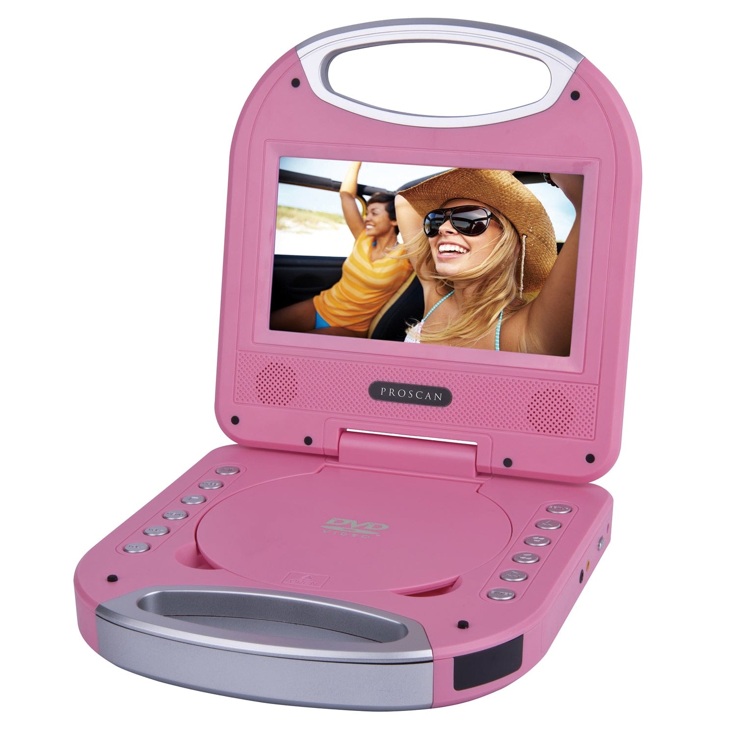 Proscan 480p Portable DVD Player with 7-In. Tilting Widescreen, Built-in Speakers, 2.5-Hour Rechargeable Battery, Handle, Earbuds, and Remote