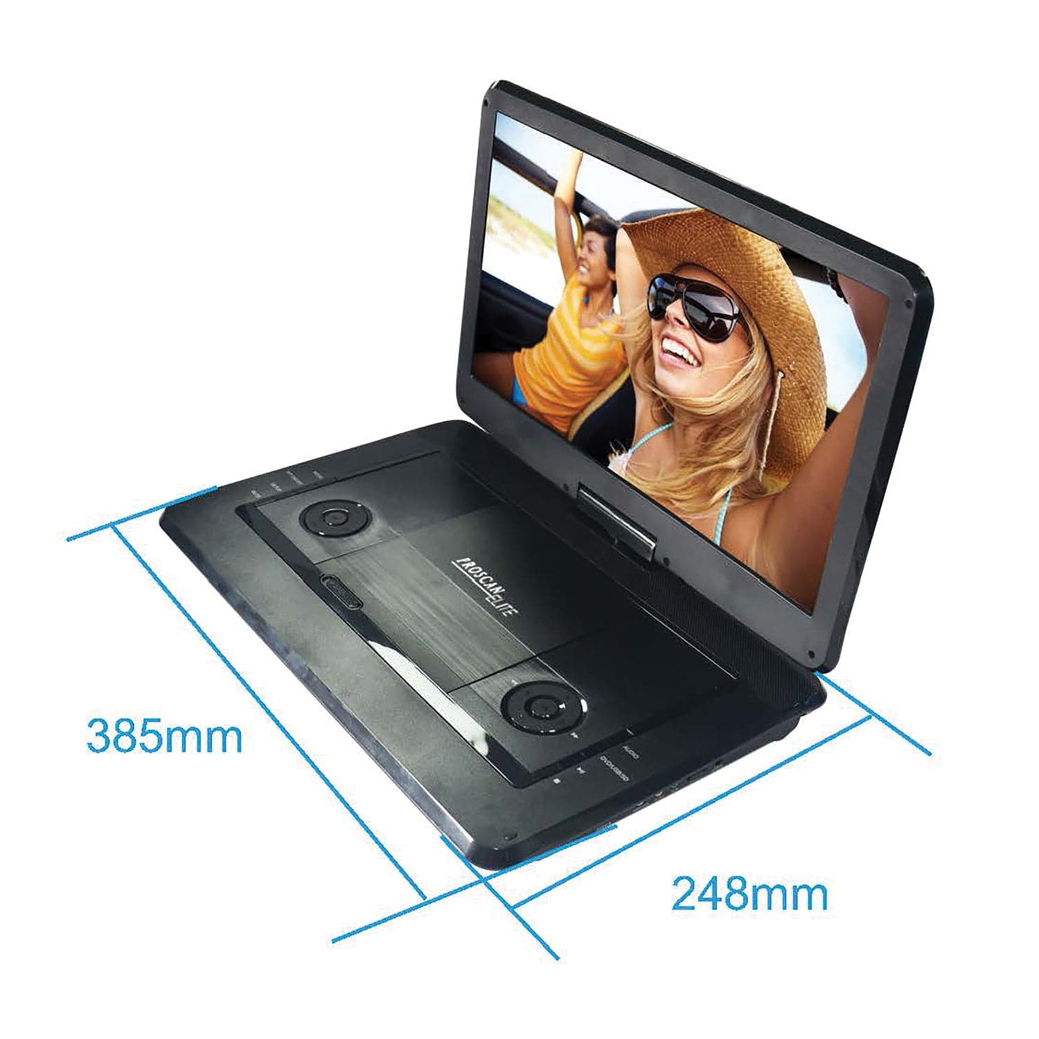Proscan Elite 480p Portable DVD Player with 15.6-In. Swivel Widescreen, Built-in Speakers, 2.5-Hour Rechargeable Battery, Earbuds, and Remote