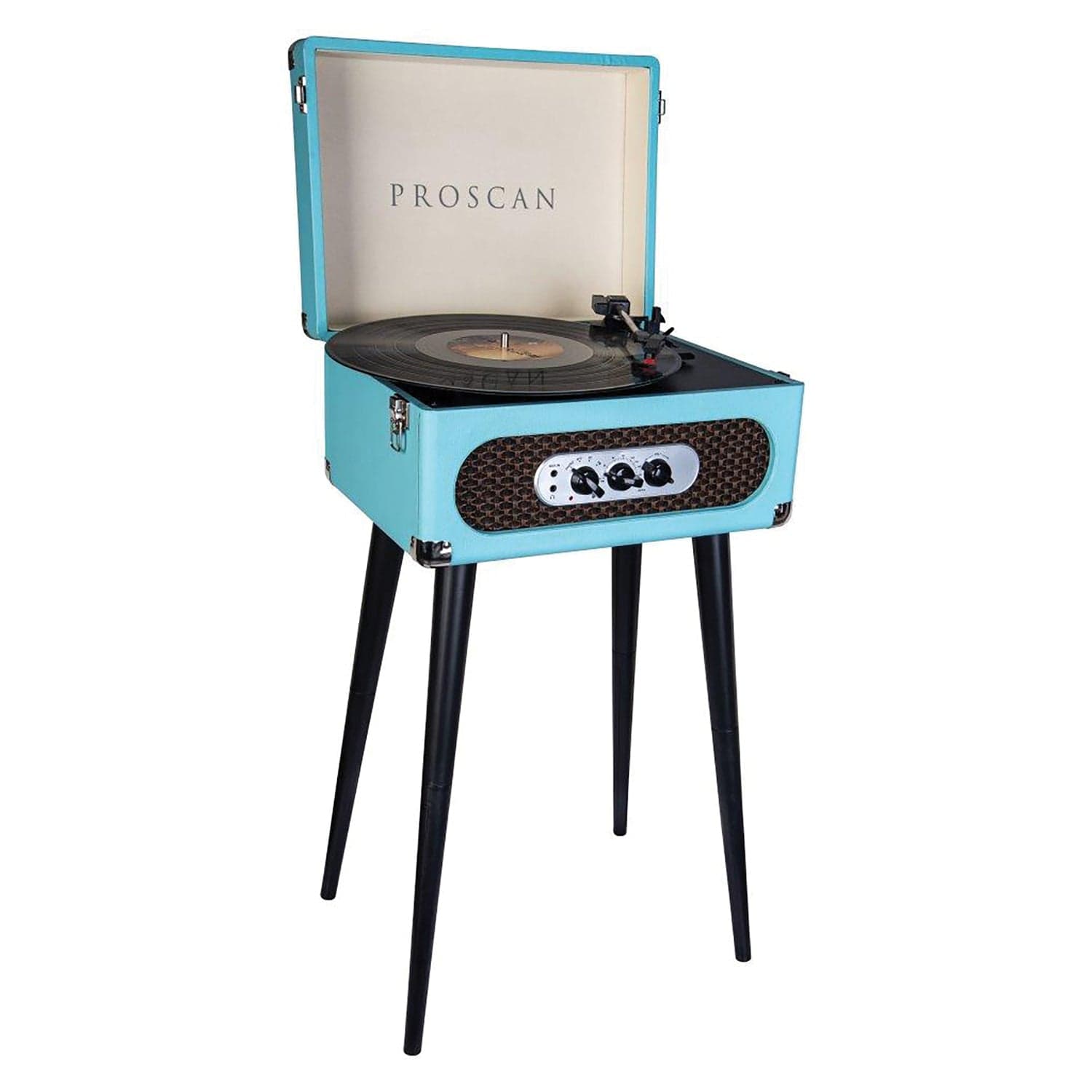 Proscan 6-Watt 3-Speed Belt-Drive Manual Retro Suitcase-Style Turntable with Built-in Speakers, Bluetooth, FM Radio, Aux, 45-RPM Adapter, and Stand
