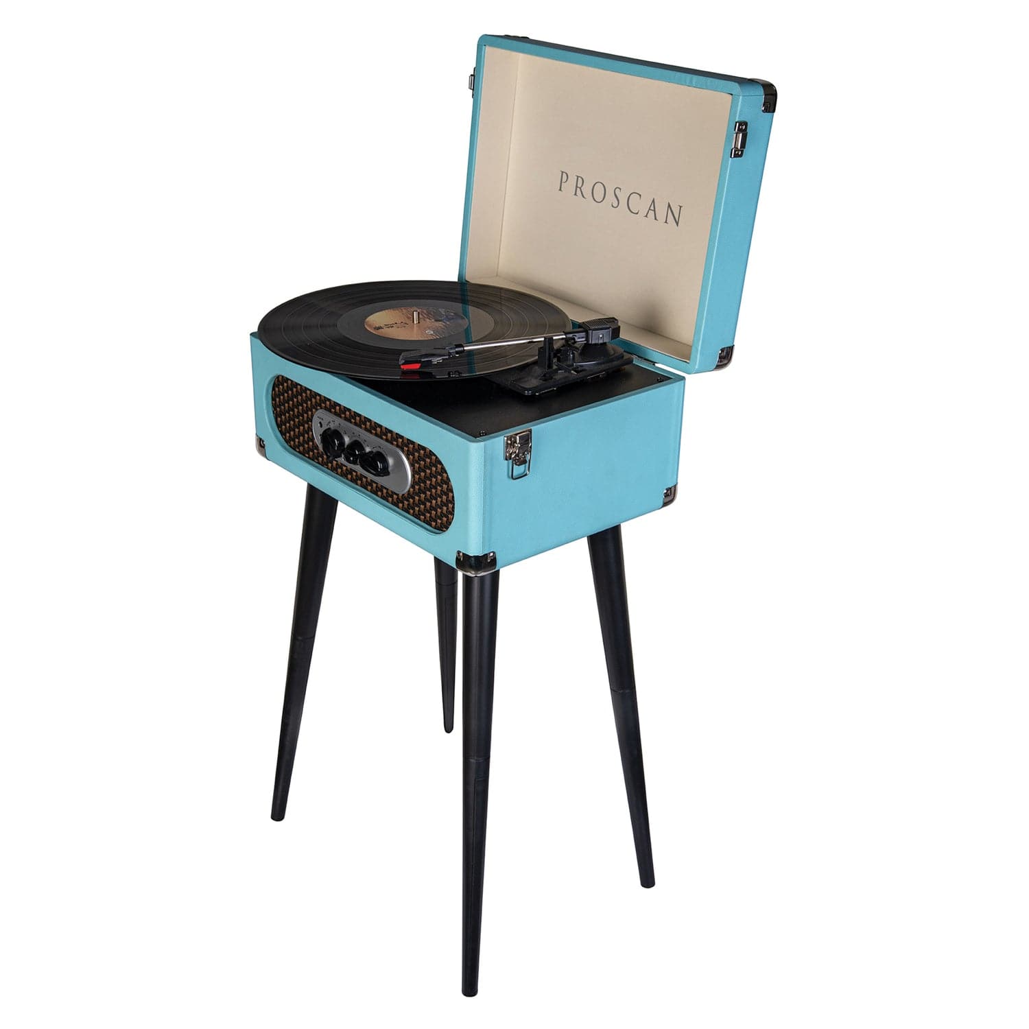 Proscan 6-Watt 3-Speed Belt-Drive Manual Retro Suitcase-Style Turntable with Built-in Speakers, Bluetooth, FM Radio, Aux, 45-RPM Adapter, and Stand