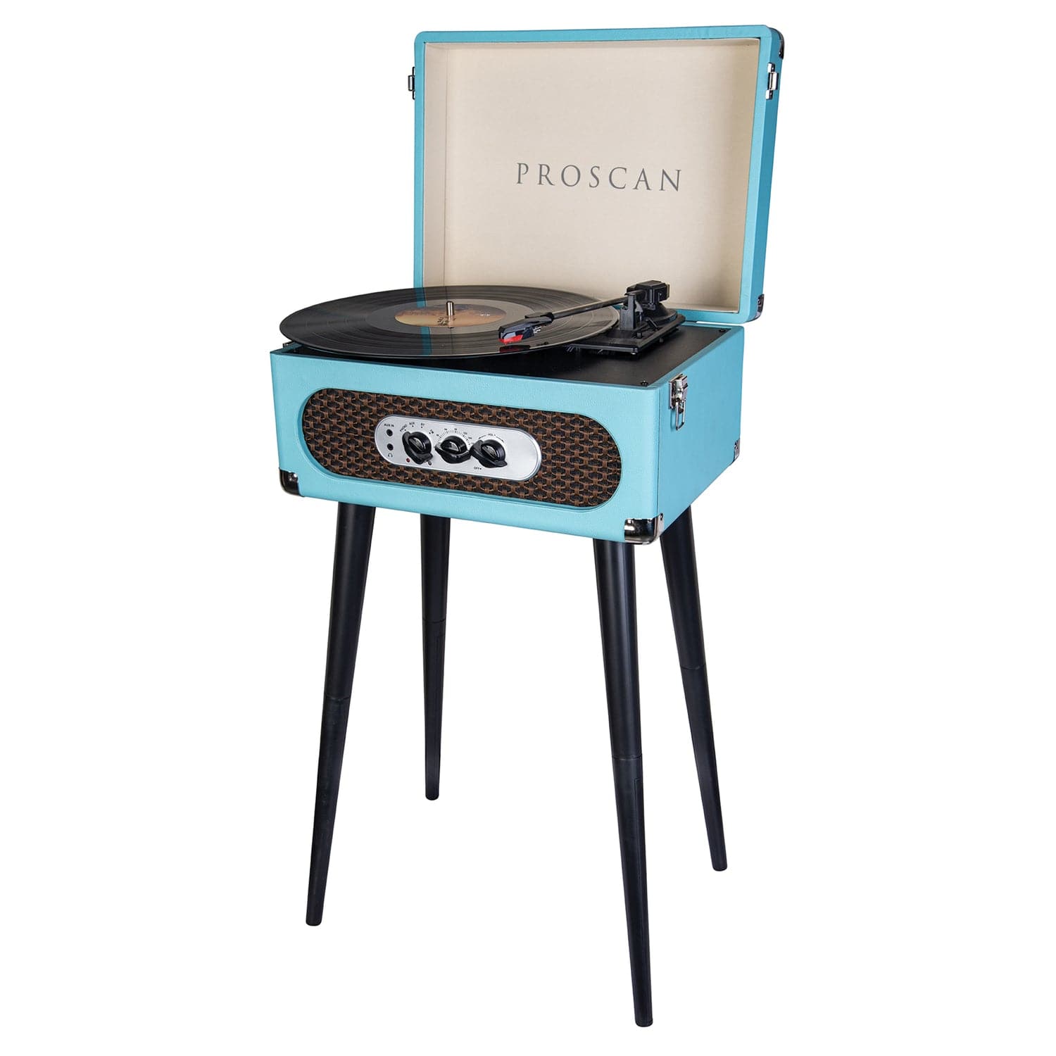 Proscan 6-Watt 3-Speed Belt-Drive Manual Retro Suitcase-Style Turntable with Built-in Speakers, Bluetooth, FM Radio, Aux, 45-RPM Adapter, and Stand