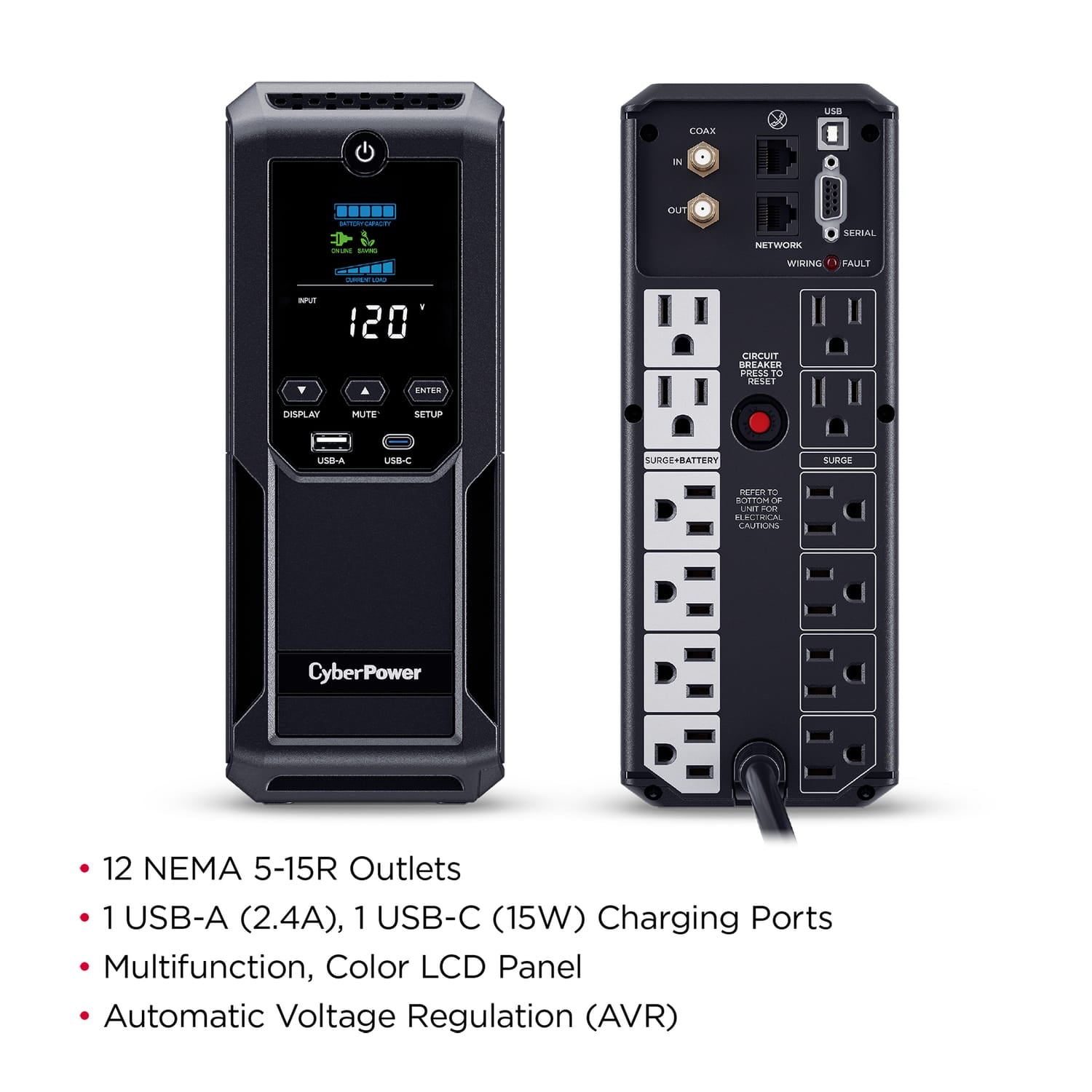 CyberPower 12-AC Outlet, 2-USB, and LAN/Coax 900-Watt/1500-VA Intelligent LCD UPS Tower with 1500-Joules Surge Protection and AVR, 6-Ft. Cord