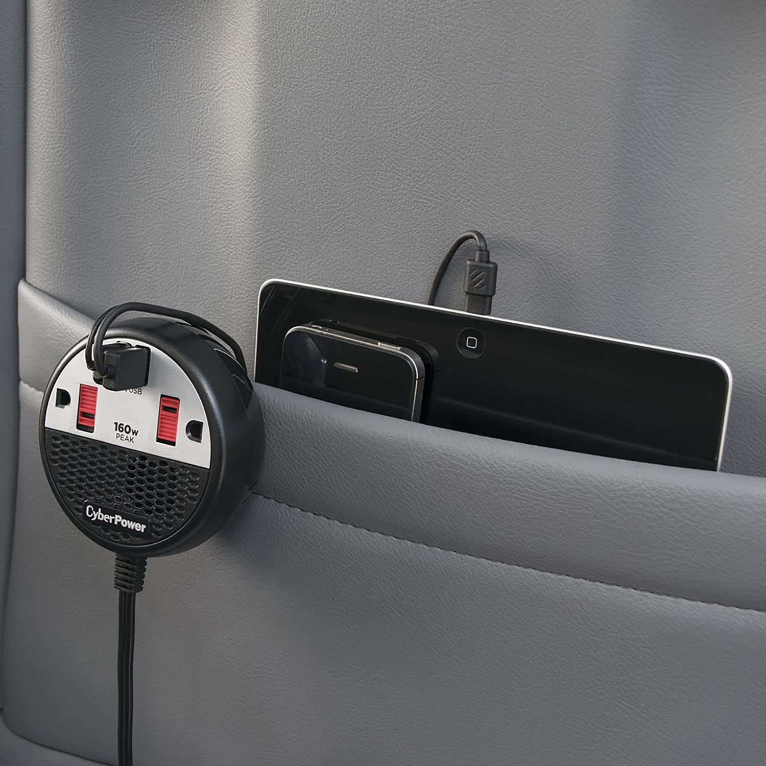 CyberPower 2-AC Outlet and 2-USB Port 100-Continuous-Watt Car Power Inverter with 12-Volt Adapter Cord and Seat Pocket Hook, CPS160PPB2U