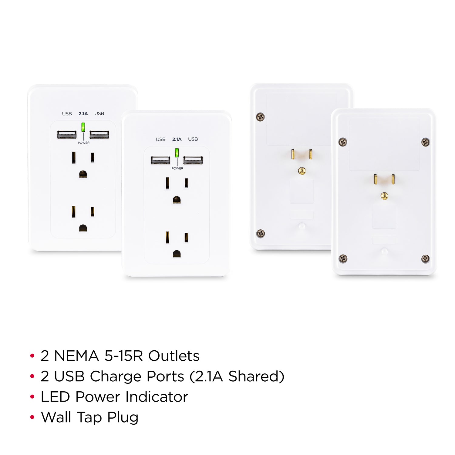 CyberPower 2-AC Outlet and 2-USB Port Grounded Wall Tap, MP18HO007, 2 Pack