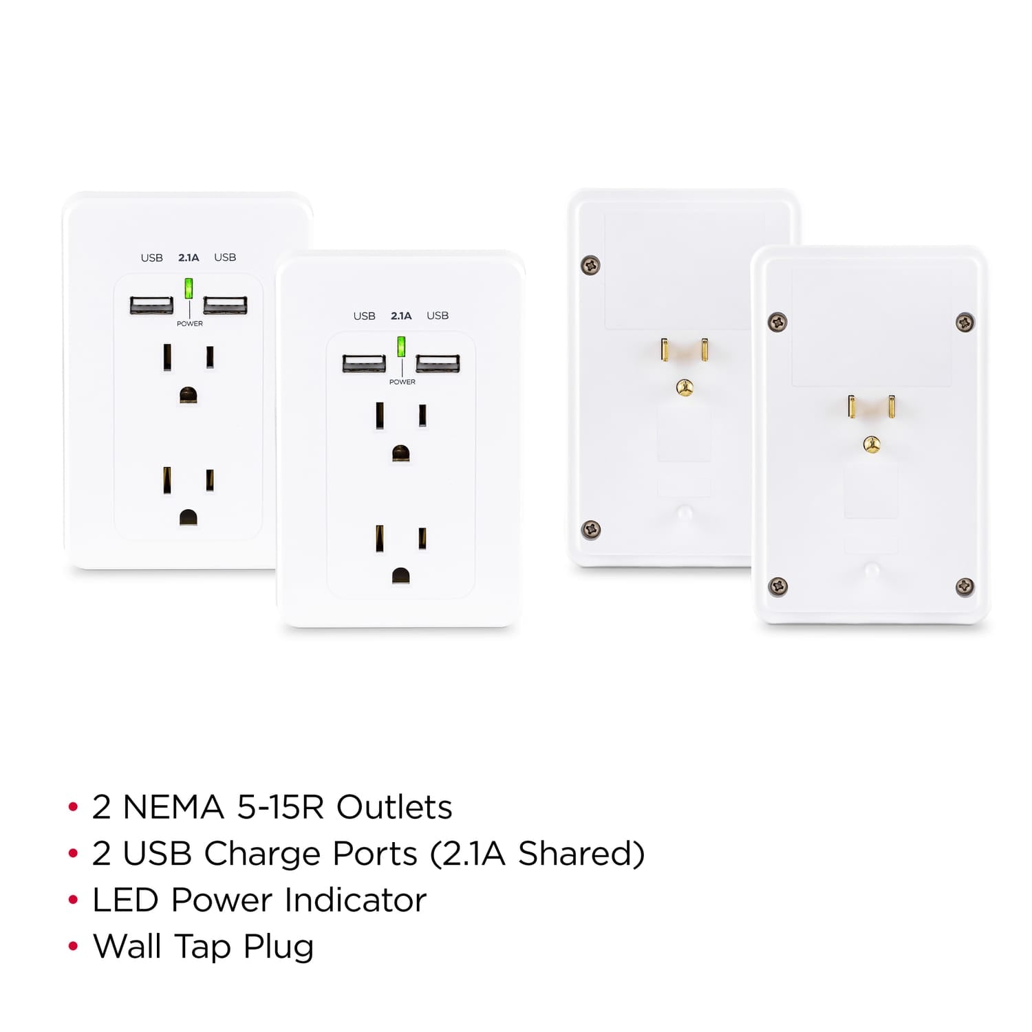 CyberPower 2-AC Outlet and 2-USB Port Grounded Wall Tap, MP18HO007, 2 Pack