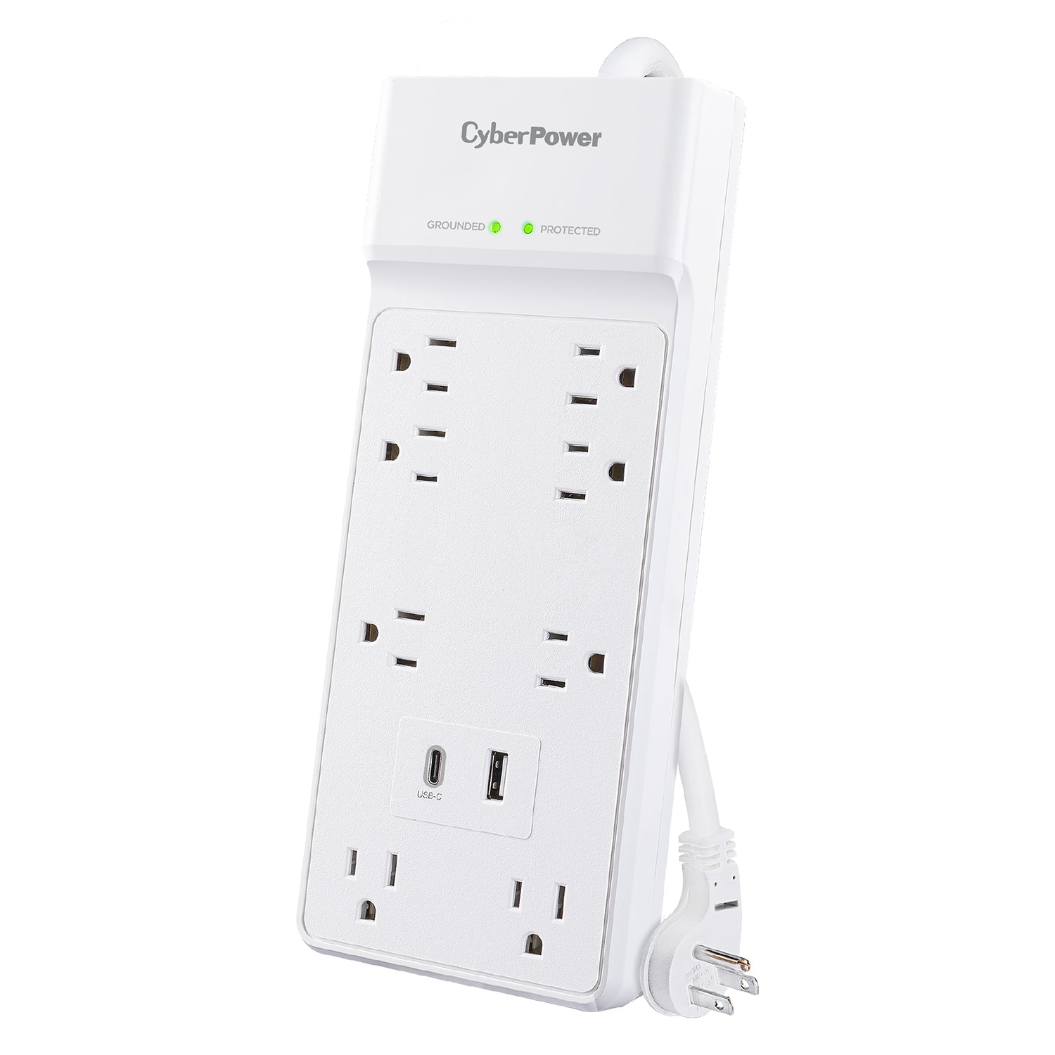CyberPower 8-Outlet and 2-USB Port 2400-Joules Home and Office Surge Protector Power Strip, 6-Ft. Cord with 45° Offset Flat Plug, P806UC15
