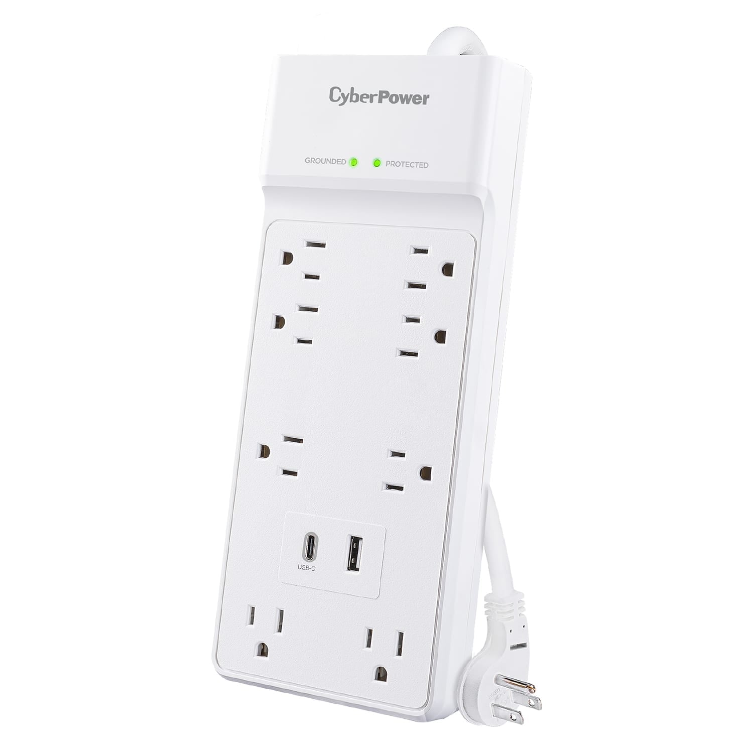CyberPower 8-Outlet and 2-USB Port 2400-Joules Home and Office Surge Protector Power Strip, 6-Ft. Cord with 45° Offset Flat Plug, P806UC15