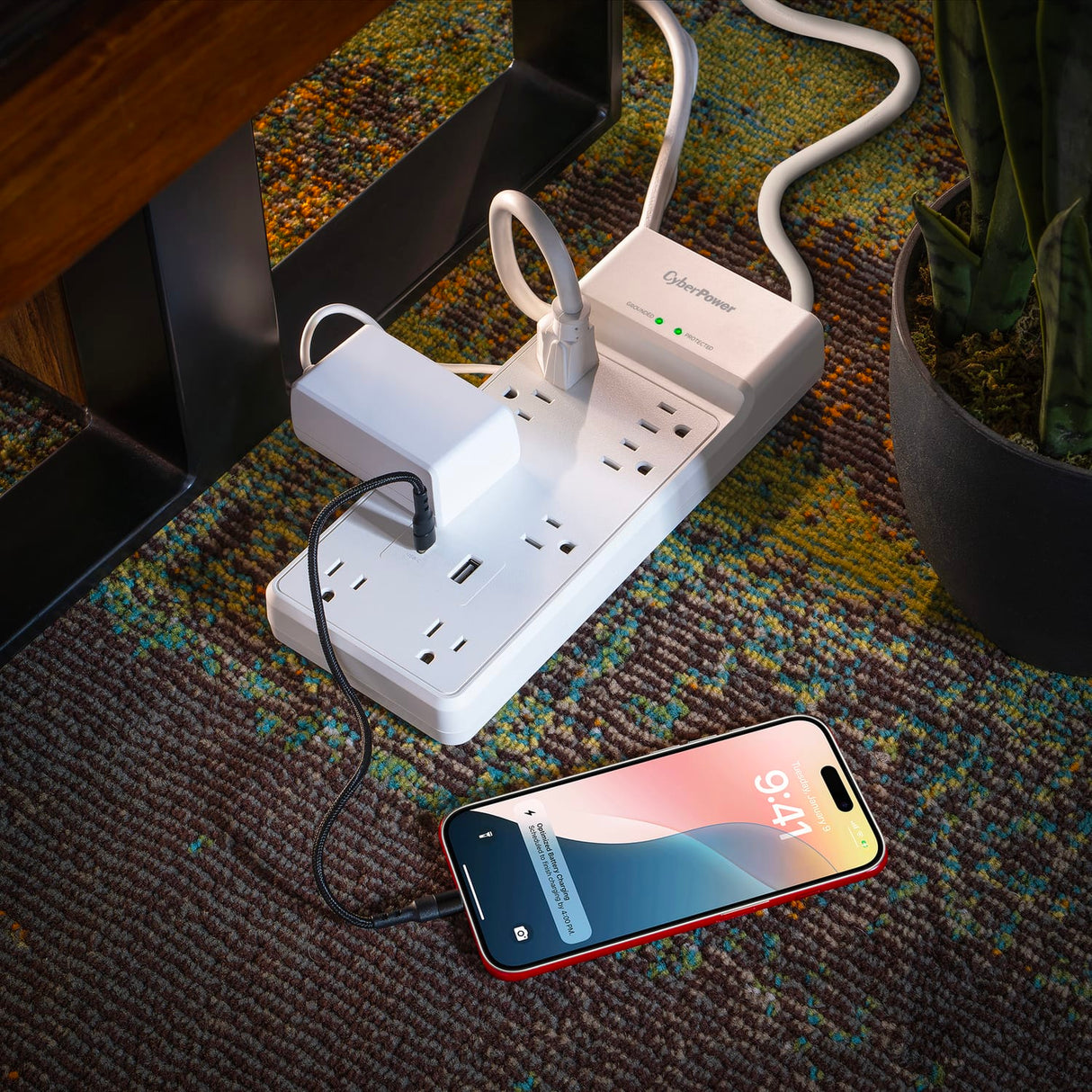 CyberPower 8-Outlet and 2-USB Port 2400-Joules Home and Office Surge Protector Power Strip, 6-Ft. Cord with 45° Offset Flat Plug, P806UC15