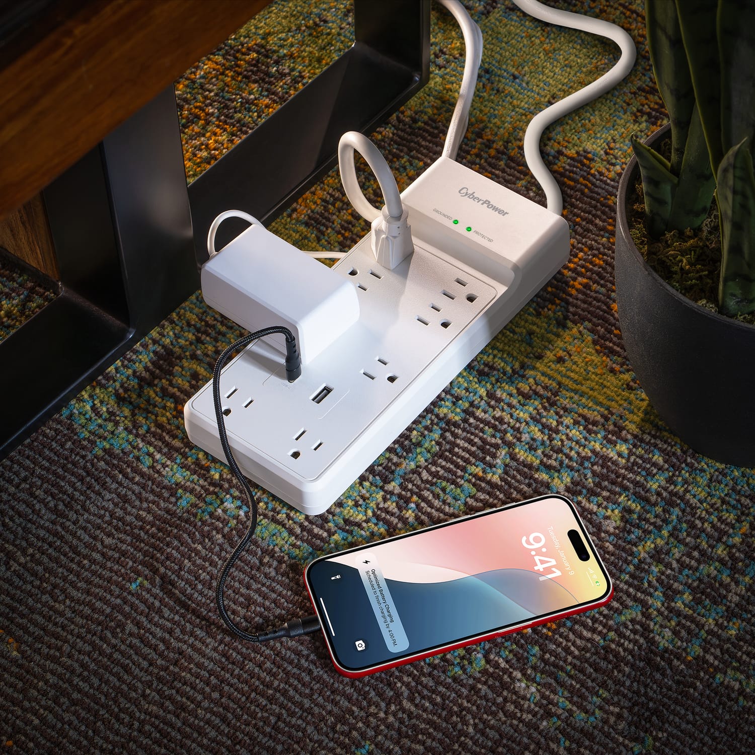 CyberPower 8-Outlet and 2-USB Port 2400-Joules Home and Office Surge Protector Power Strip, 6-Ft. Cord with 45° Offset Flat Plug, P806UC15