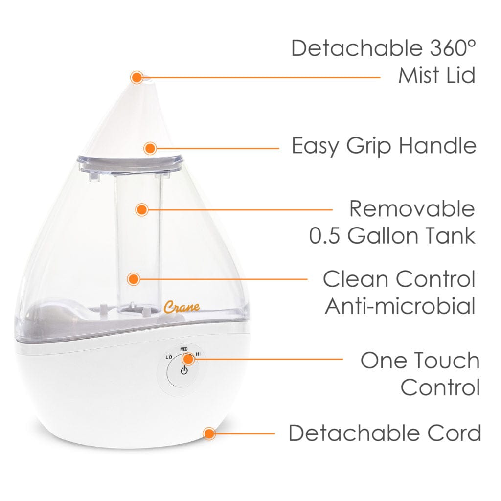 Crane Droplet Ultrasonic Cool Mist 0.5 Gallon Humidifier, Clear - Certified Refurbished