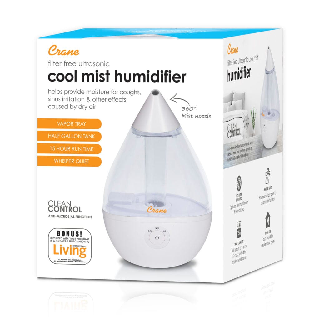Crane Droplet Ultrasonic Cool Mist 0.5 Gallon Humidifier, Clear - Certified Refurbished