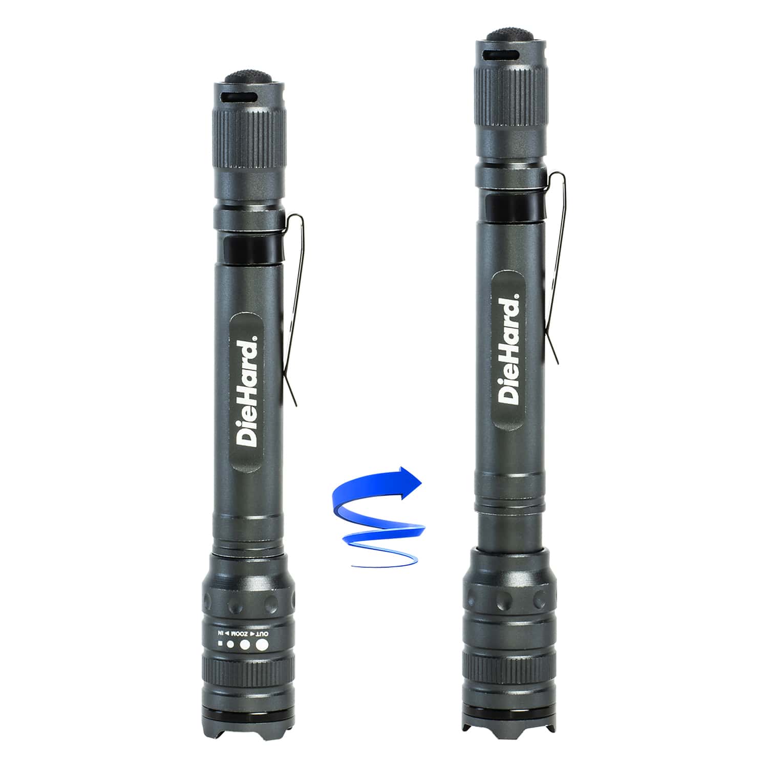 DieHard LED 180-Lumen Aluminum Flashlight with 3 Modes, Twist Focus, Impact/Water-Resistant, Battery Powered, Pocket Clip, up to 229-Ft. Beam