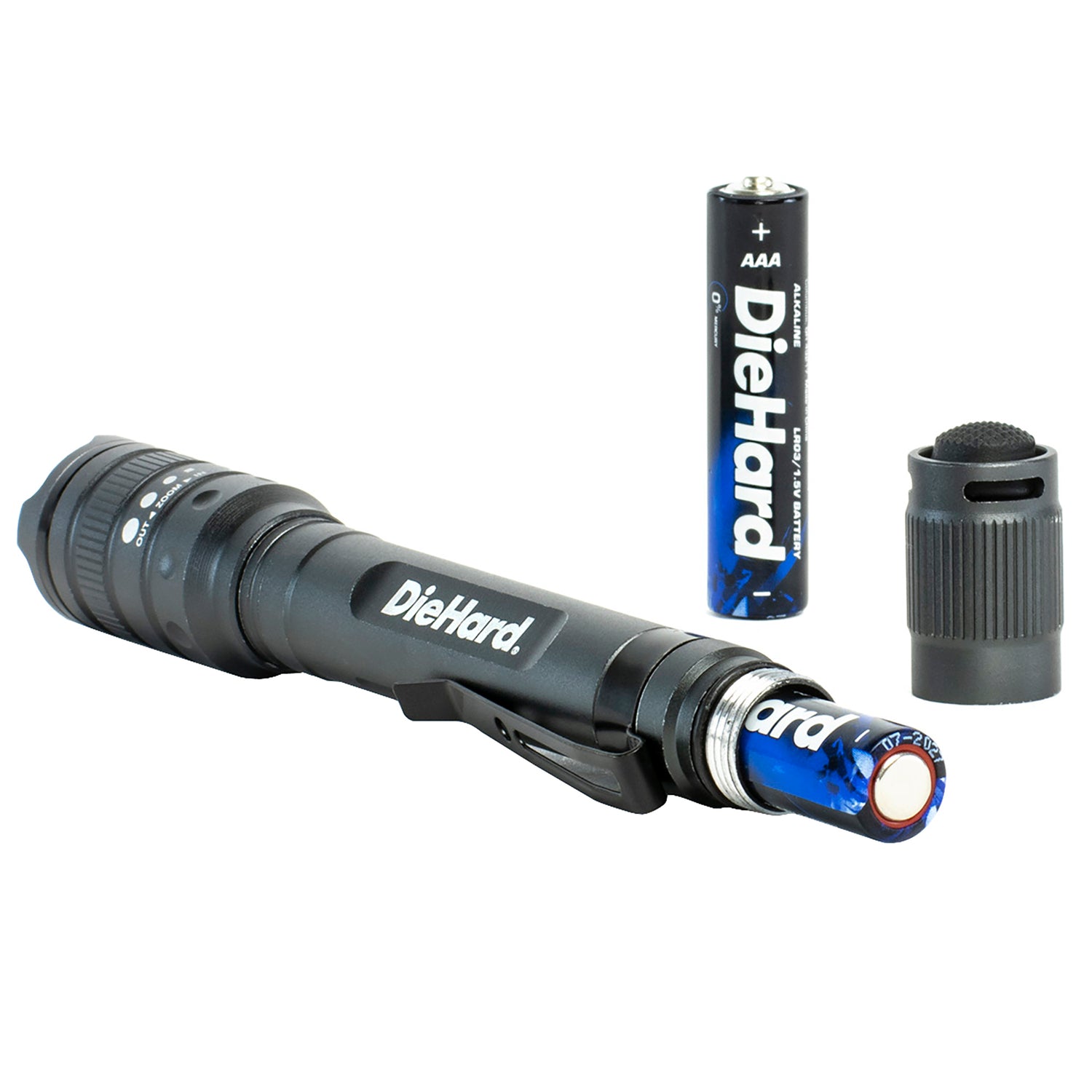 DieHard LED 180-Lumen Aluminum Flashlight with 3 Modes, Twist Focus, Impact/Water-Resistant, Battery Powered, Pocket Clip, up to 229-Ft. Beam
