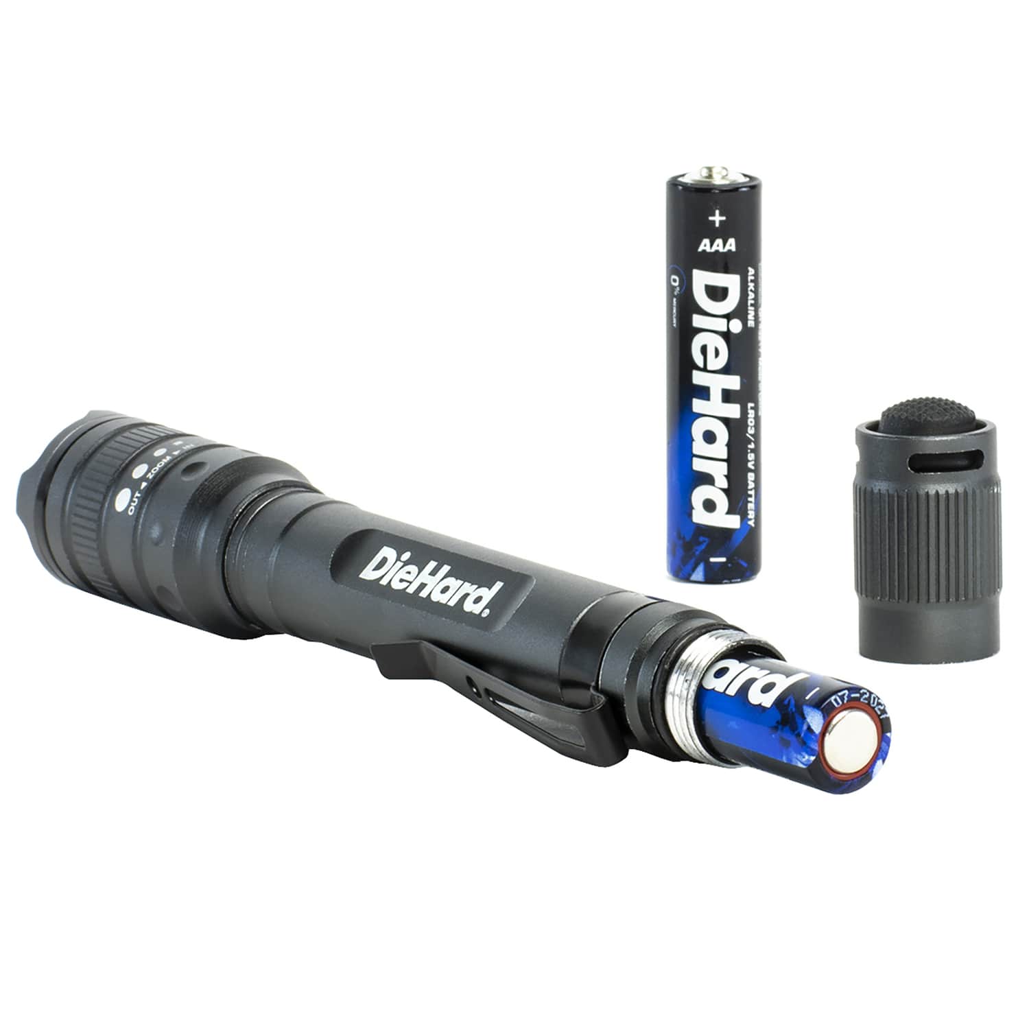 DieHard LED 180-Lumen Aluminum Flashlight with 3 Modes, Twist Focus, Impact/Water-Resistant, Battery Powered, Pocket Clip, up to 229-Ft. Beam