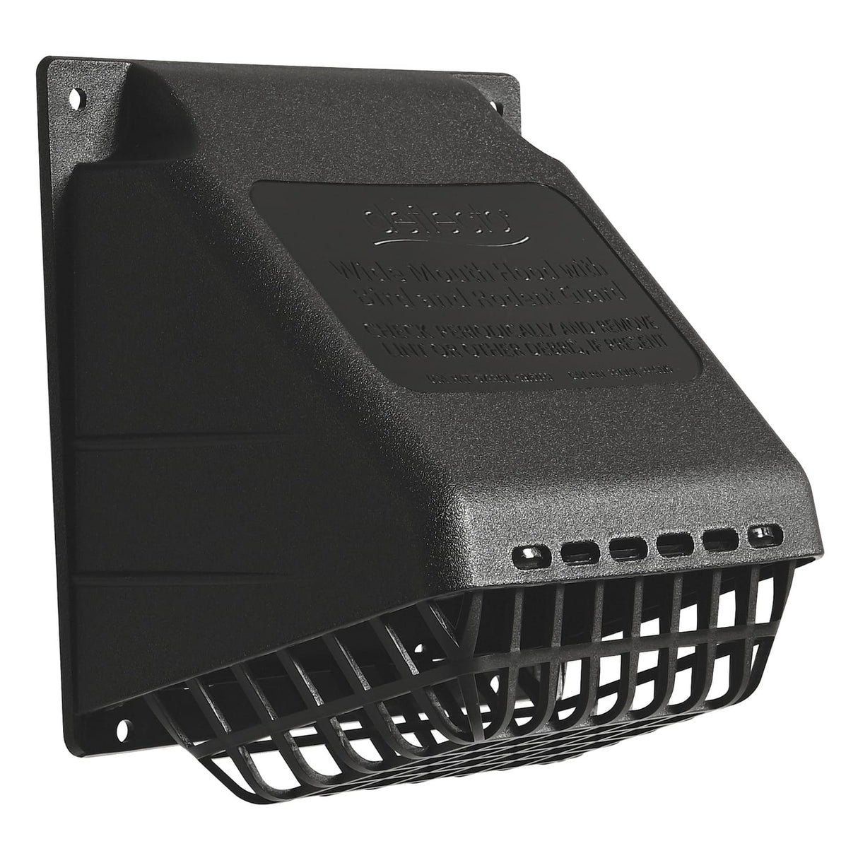 Deflecto 4-In. Plastic Wide-Mouth Dryer Vent Hood with Damper and Detachable Bird Guard, Black