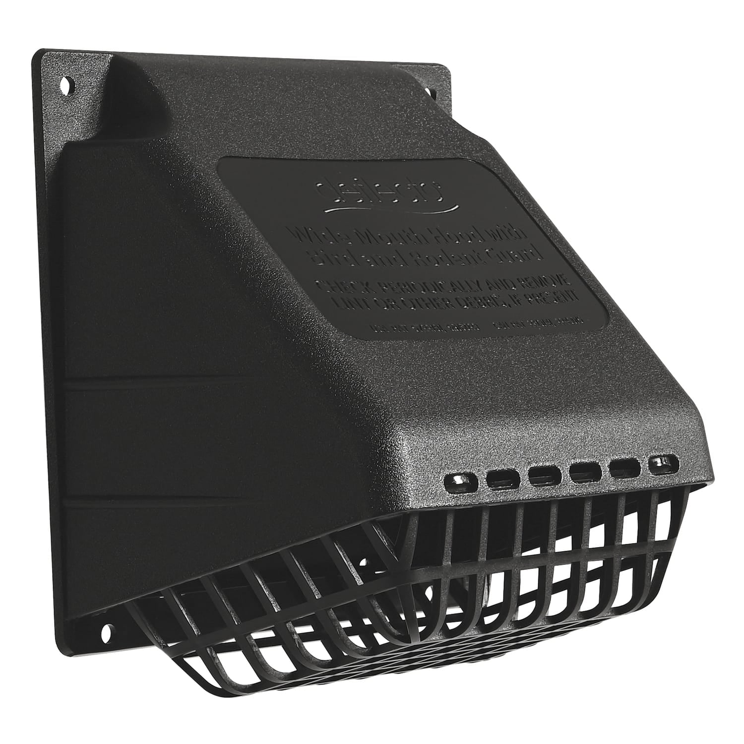 Deflecto 4-In. Plastic Wide-Mouth Dryer Vent Hood with Damper and Detachable Bird Guard, Black