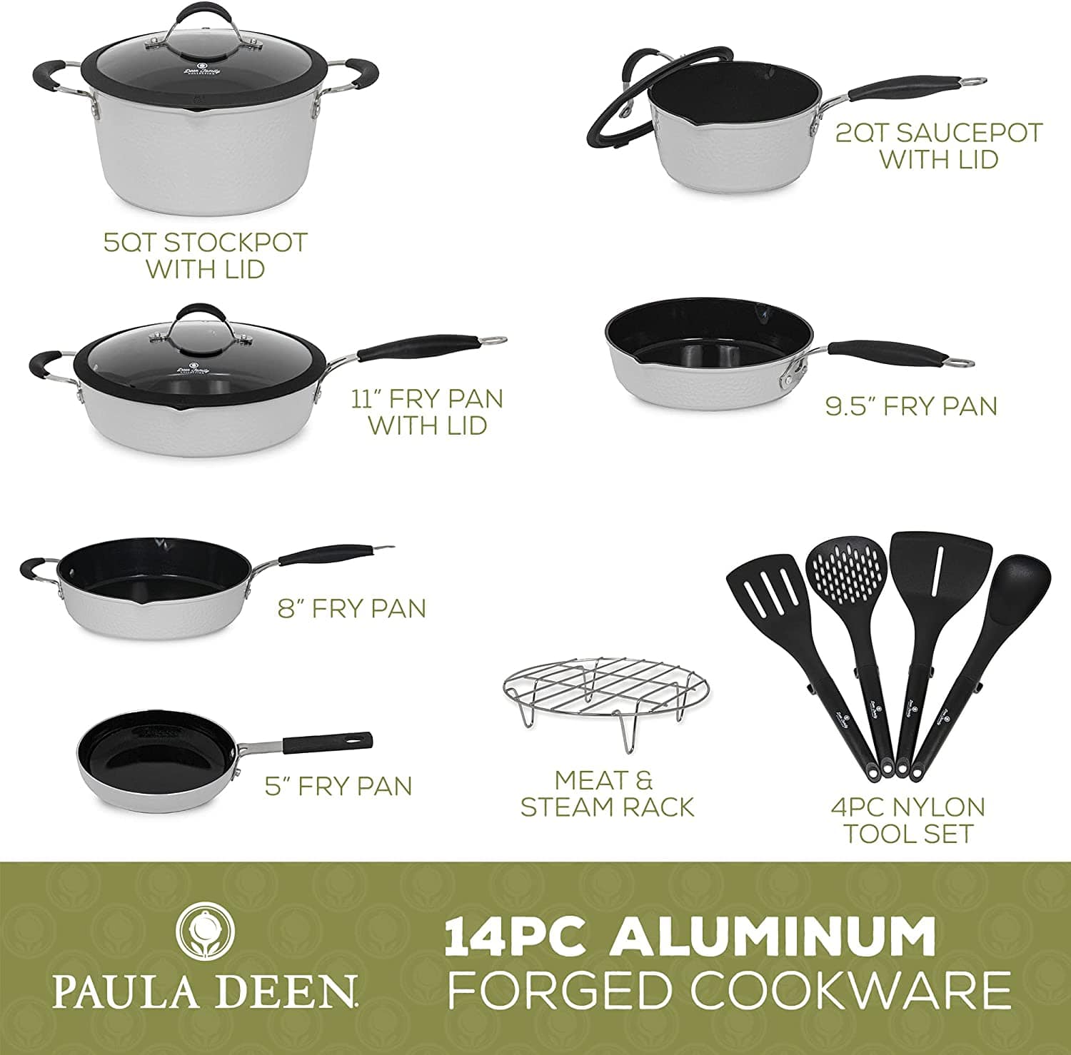 Paula Deen Family 14 Piece Ceramic Non-Stick Cookware Set, Stainless