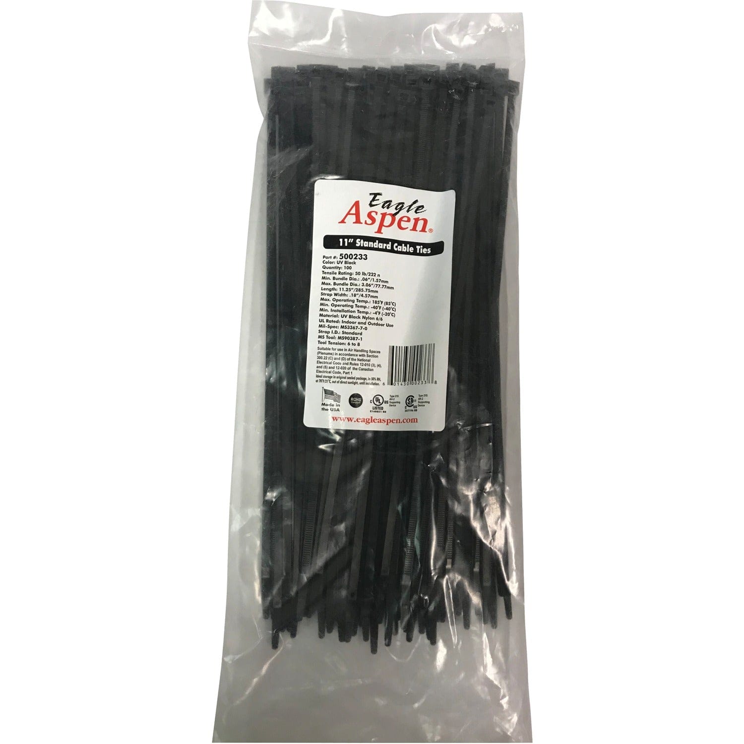 Eagle Aspen 100-Pack 11-In. UV-Resistant Nylon 6/6 Standard Cable Ties, 50-Lb. Tensile Strength, Temperature-Rated -40°F to 185°F, 11 In.