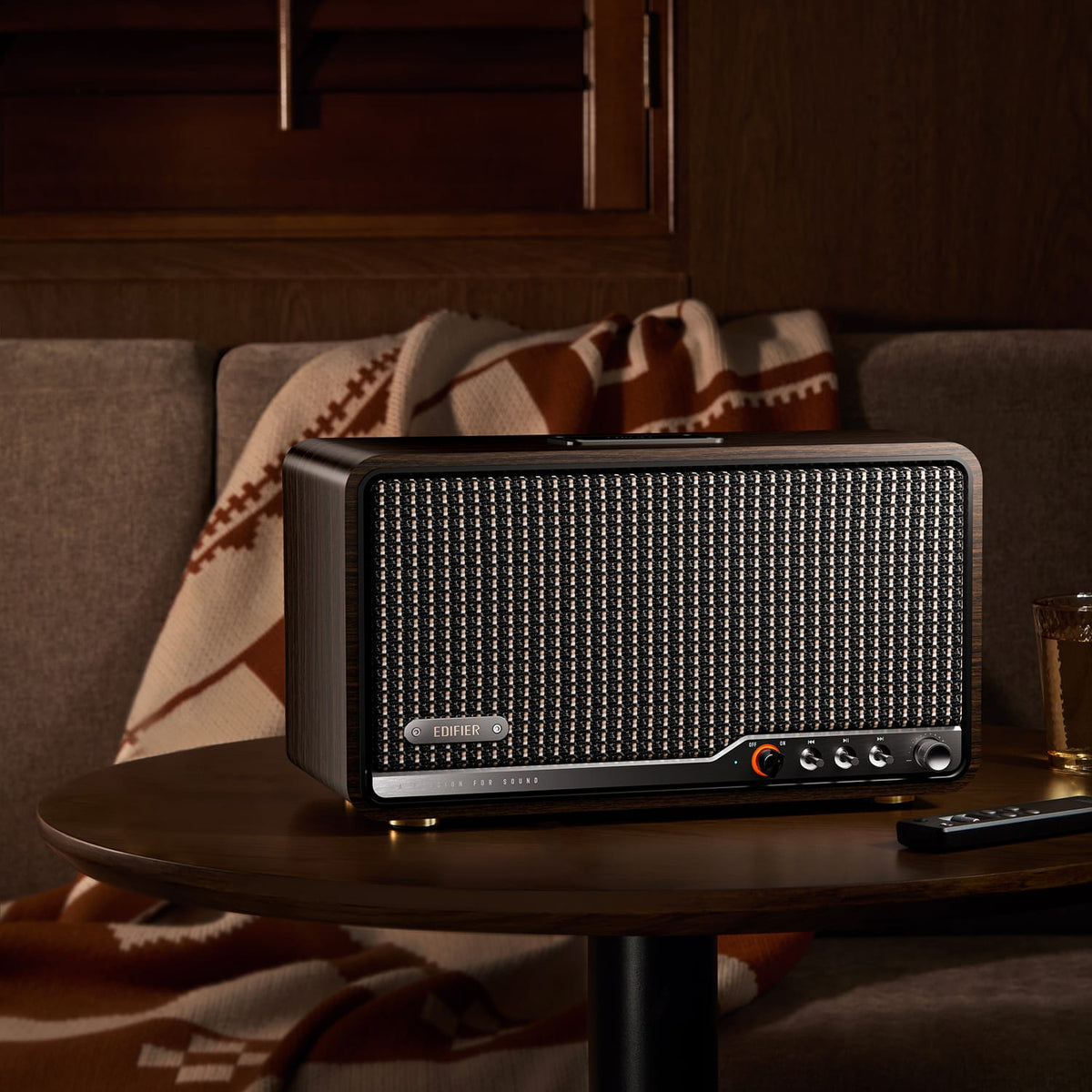 Edifier 80-Watt-RMS Bluetooth Retro S300 Powered Tabletop Speaker with 5.5-In Mid-Bass Driver, Hi-Res Audio, Aux, AirPlay 2, Remote, Black Walnut