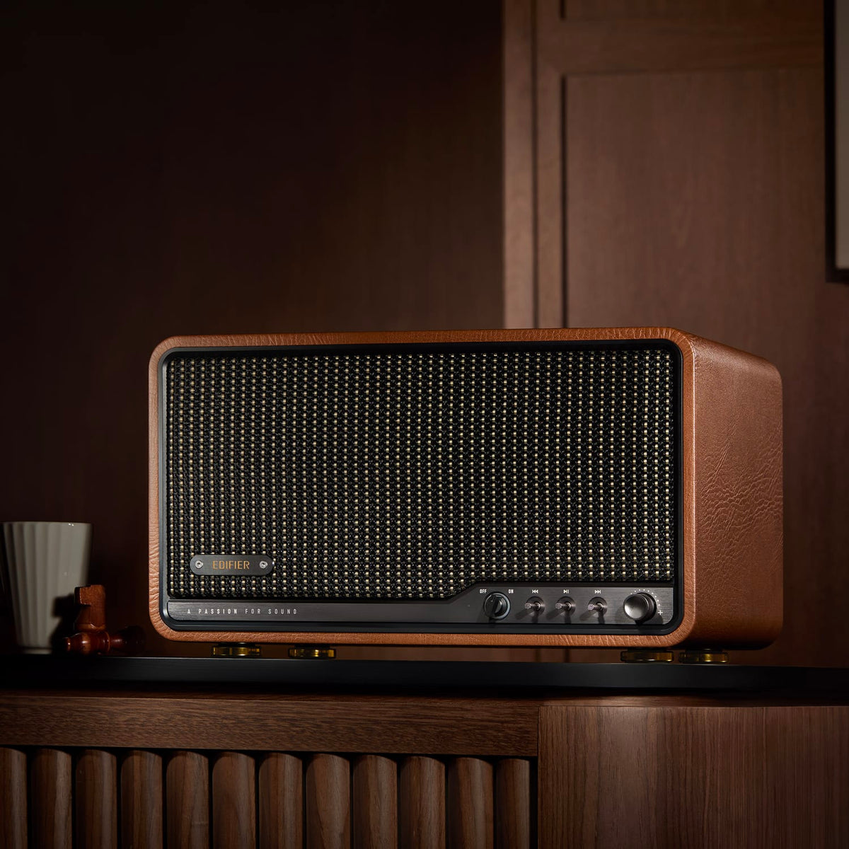 Edifier 80-Watt-RMS Bluetooth Retro S300 Powered Tabletop Speaker with 5.5-In Mid-Bass Driver, Hi-Res Audio, Aux, AirPlay 2, Remote, Brown