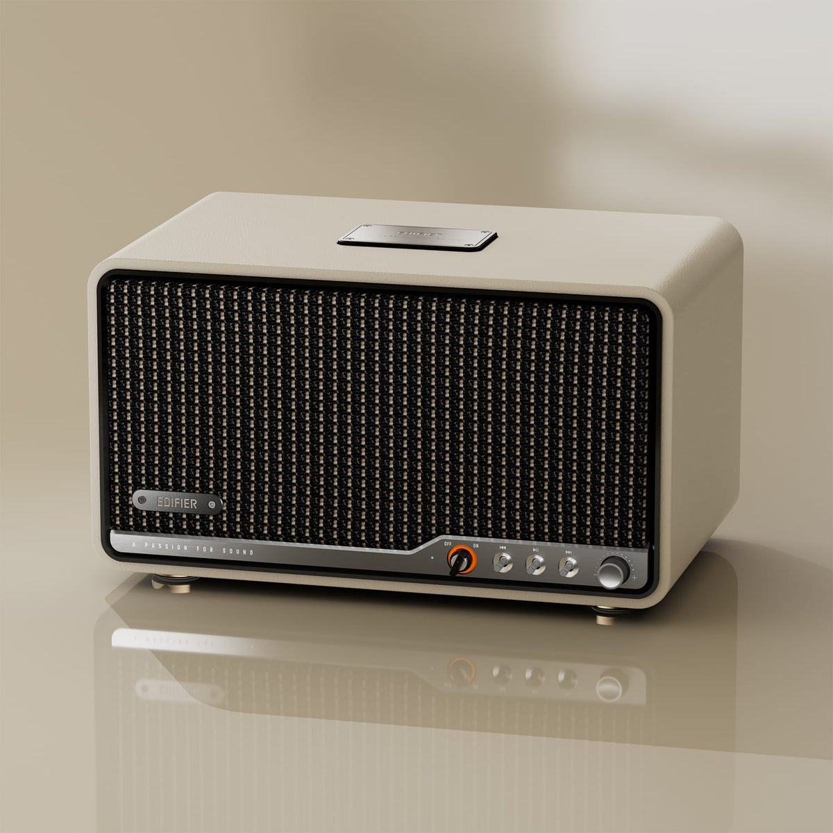 Edifier 80-Watt-RMS Bluetooth Retro S300 Powered Tabletop Speaker with 5.5-In Mid-Bass Driver, Hi-Res Audio, Aux, AirPlay 2, Remote, Ivory