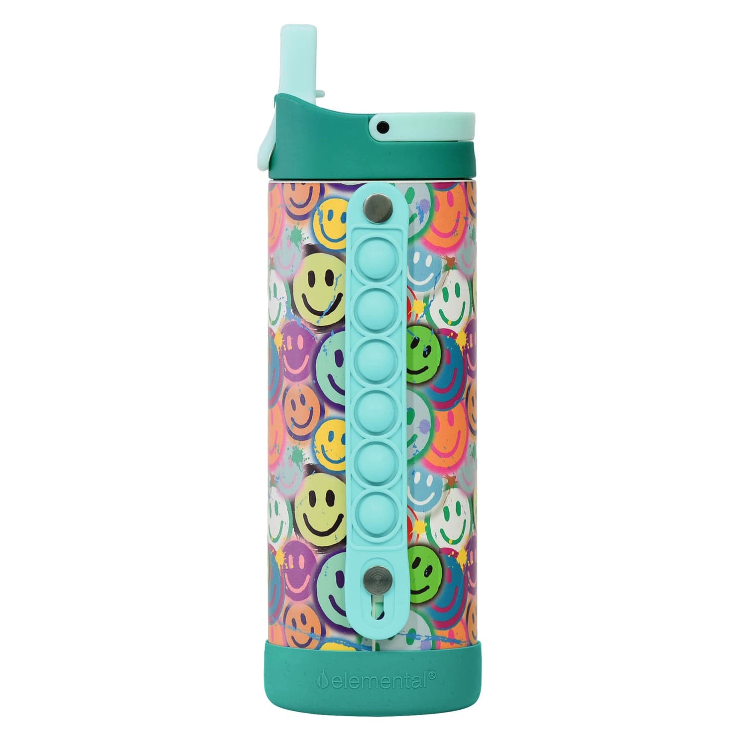 Elemental Iconic Pop Stainless Steel Fidget Water Bottle with Flip-open Sports Cap, 14 Oz., Graffiti Smile