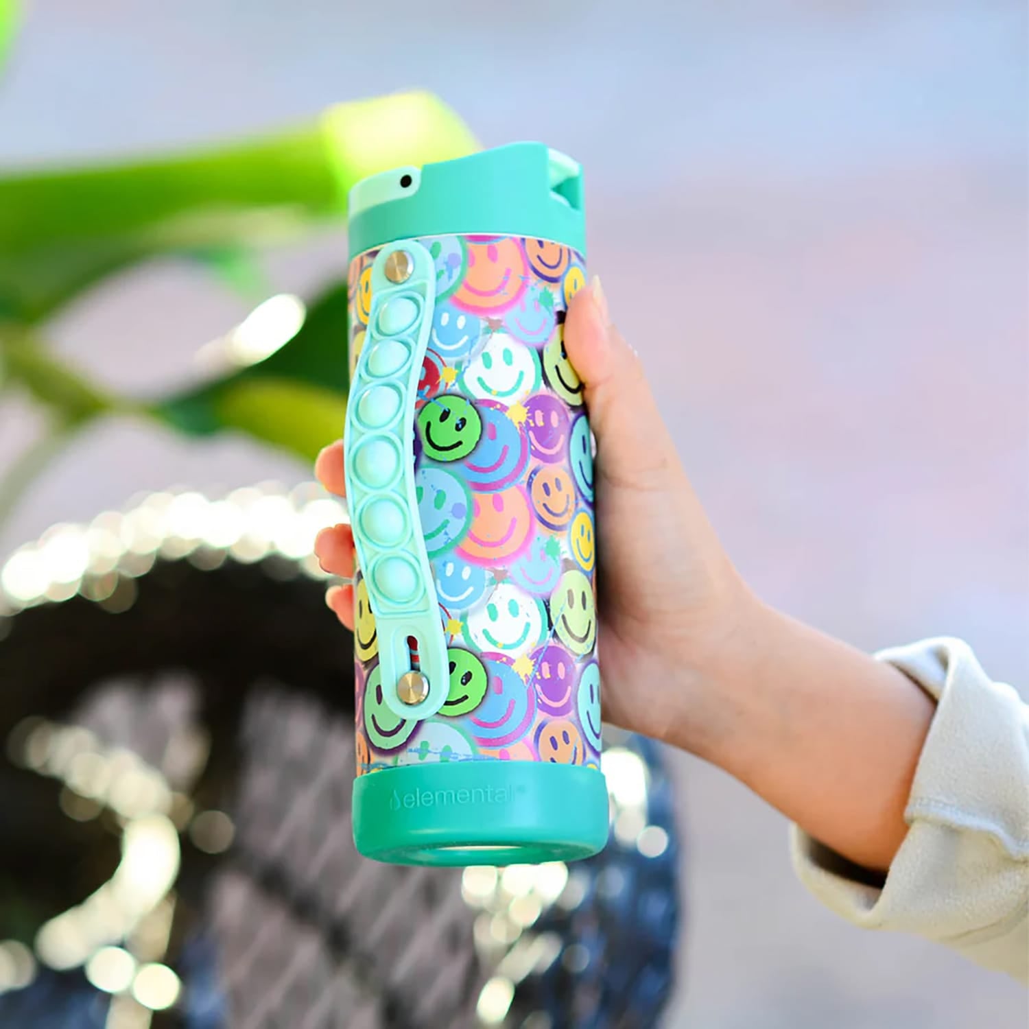 Elemental Iconic Pop Stainless Steel Fidget Water Bottle with Flip-open Sports Cap, 14 Oz., Graffiti Smile