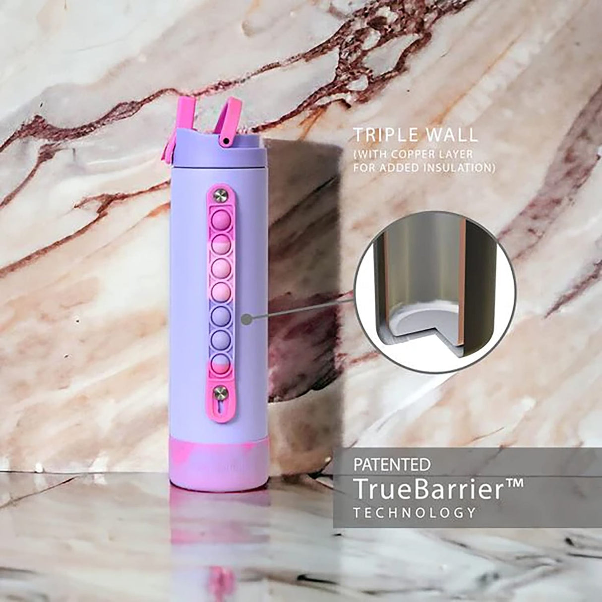 Elemental Iconic Pop Stainless Steel Fidget Water Bottle with Flip-open Sports Cap, 20 Oz., Lilac Tie Dye