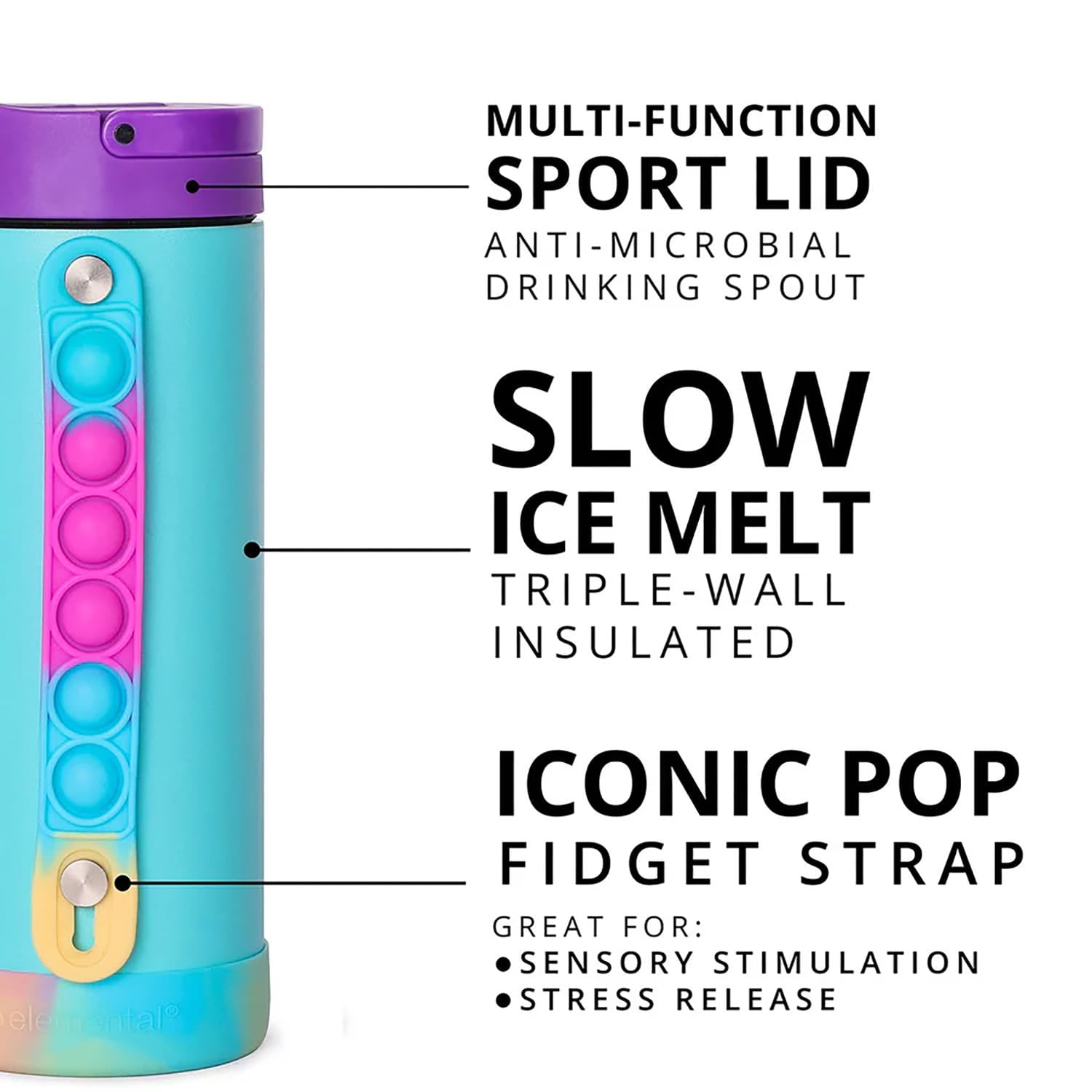 Elemental Iconic Pop Stainless Steel Fidget Water Bottle with Flip-open Sports Cap, 20 Oz., Blue Tie Dye