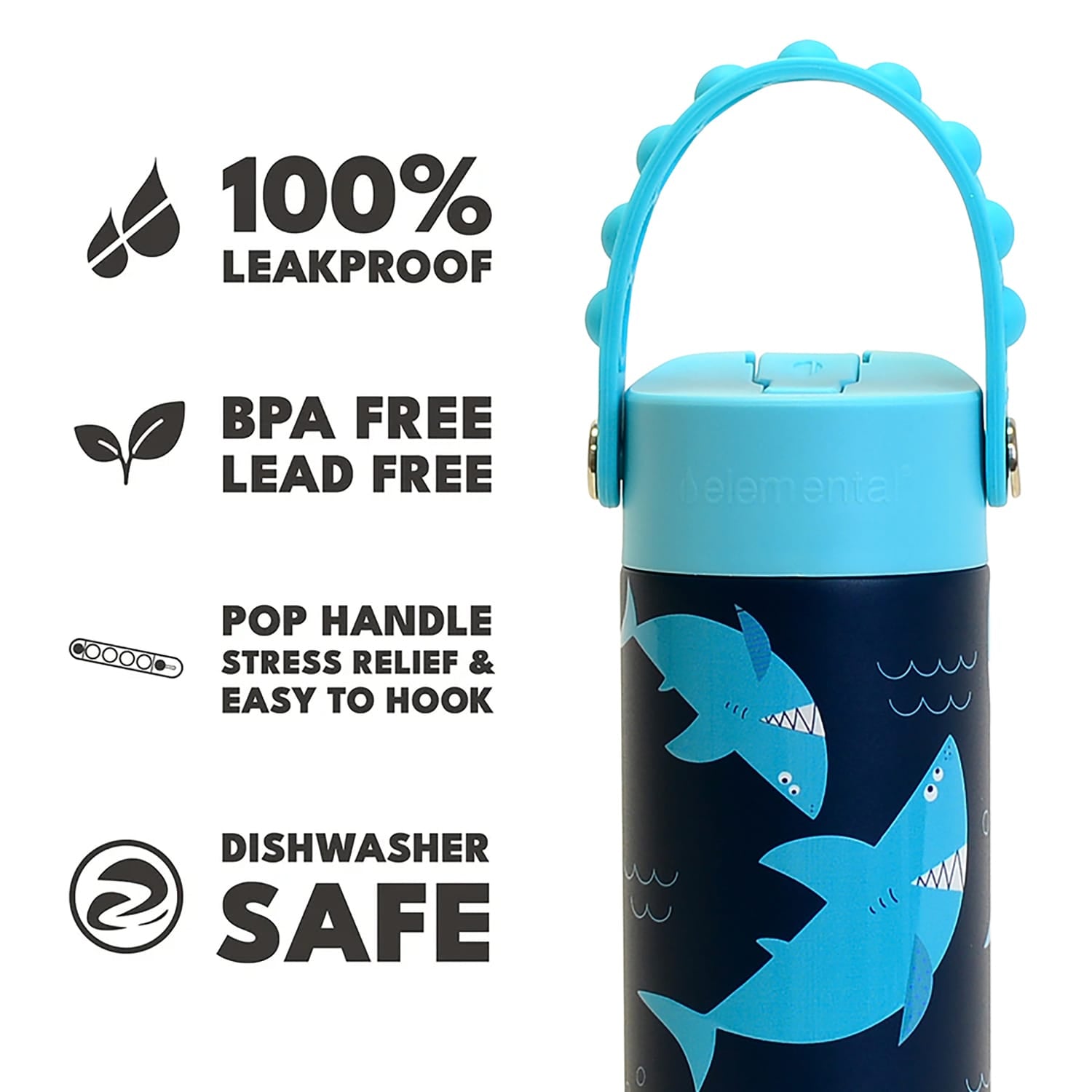 Elemental Core Pop Stainless Steel Water Bottle, 18 Oz., Sharks Ahoy
