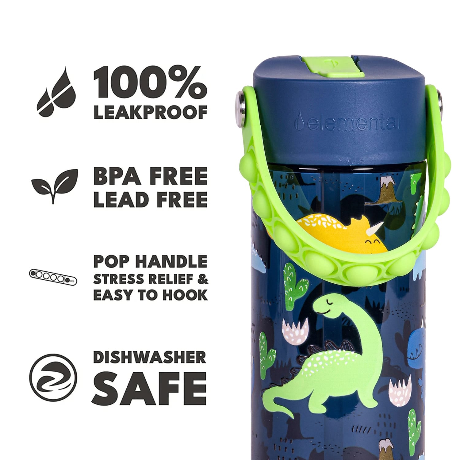Elemental Splash Pop Tritan Water Bottle, 18 Oz., Dinosaur Navy