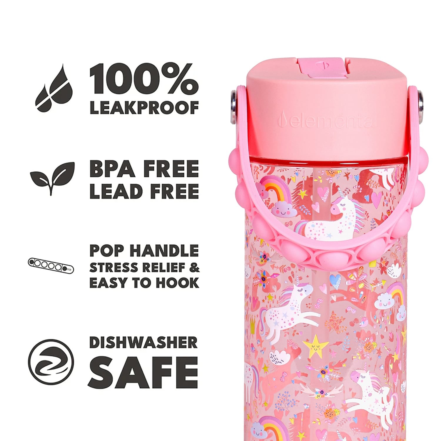 Elemental Splash Pop Tritan Water Bottle, 18 Oz., Pink Unicorn