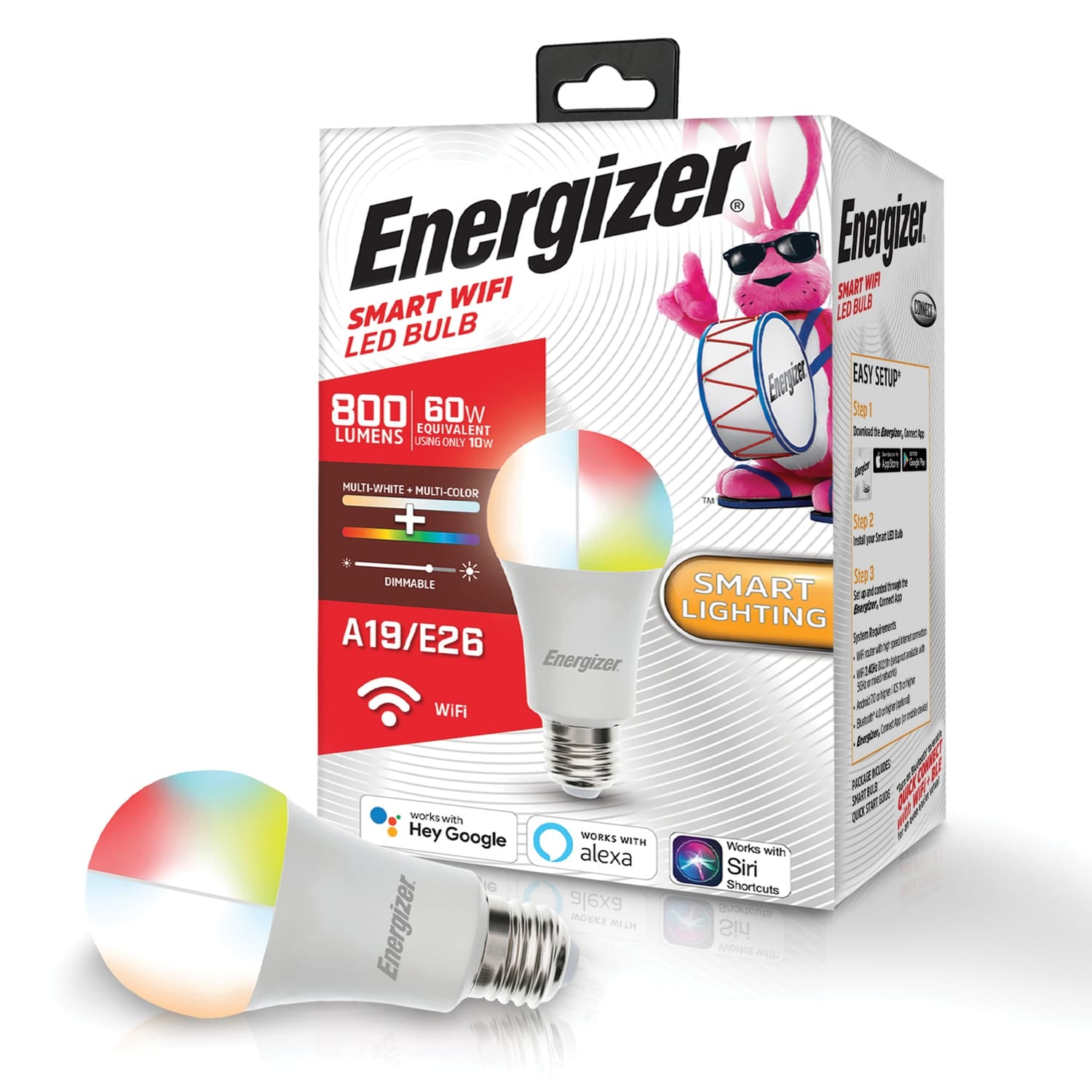 Energizer Connect LED 10-Watt (60-Watt Equivalent) Multi-White and Multicolor Smart Bulb, A19 Bulb Shape, E26 Medium Base, Dimmable
